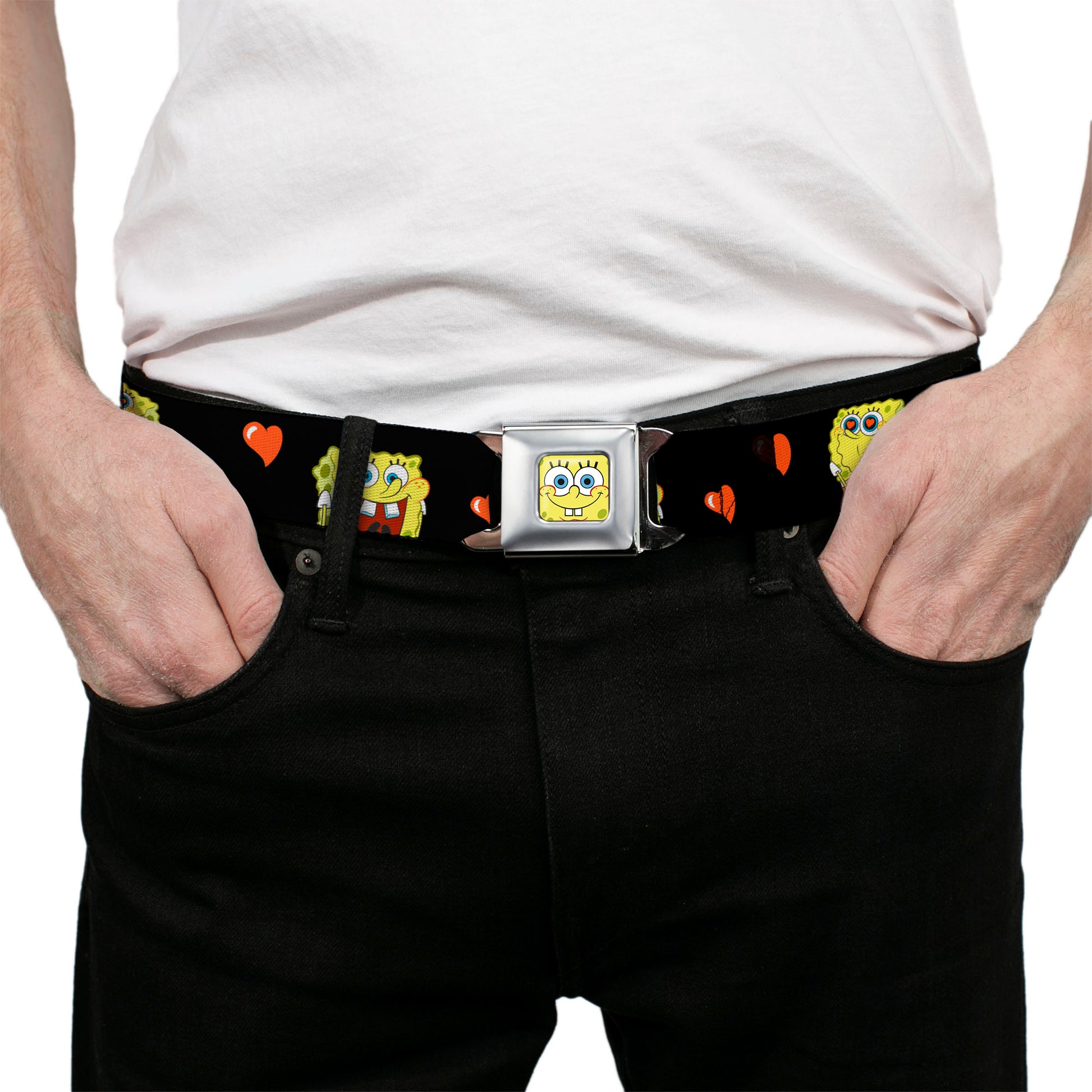 Sponge Bob Face CLOSE-UP Full Color Seatbelt Belt - SpongeBob Love Eyes/Hearts Black/Red Webbing Seatbelt Belts SpongeBob SquarePants