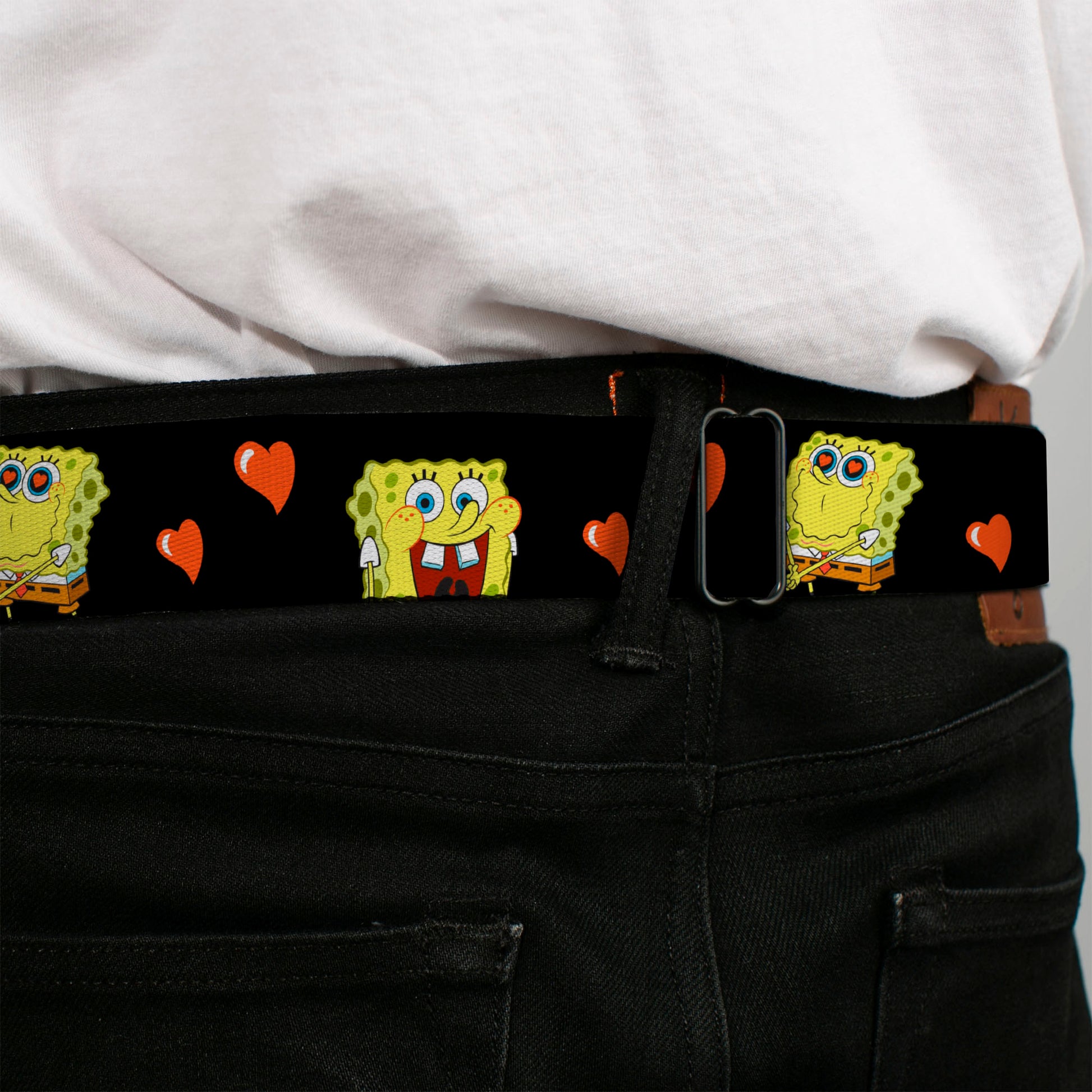 Sponge Bob Face CLOSE-UP Full Color Seatbelt Belt - SpongeBob Love Eyes/Hearts Black/Red Webbing Seatbelt Belts SpongeBob SquarePants