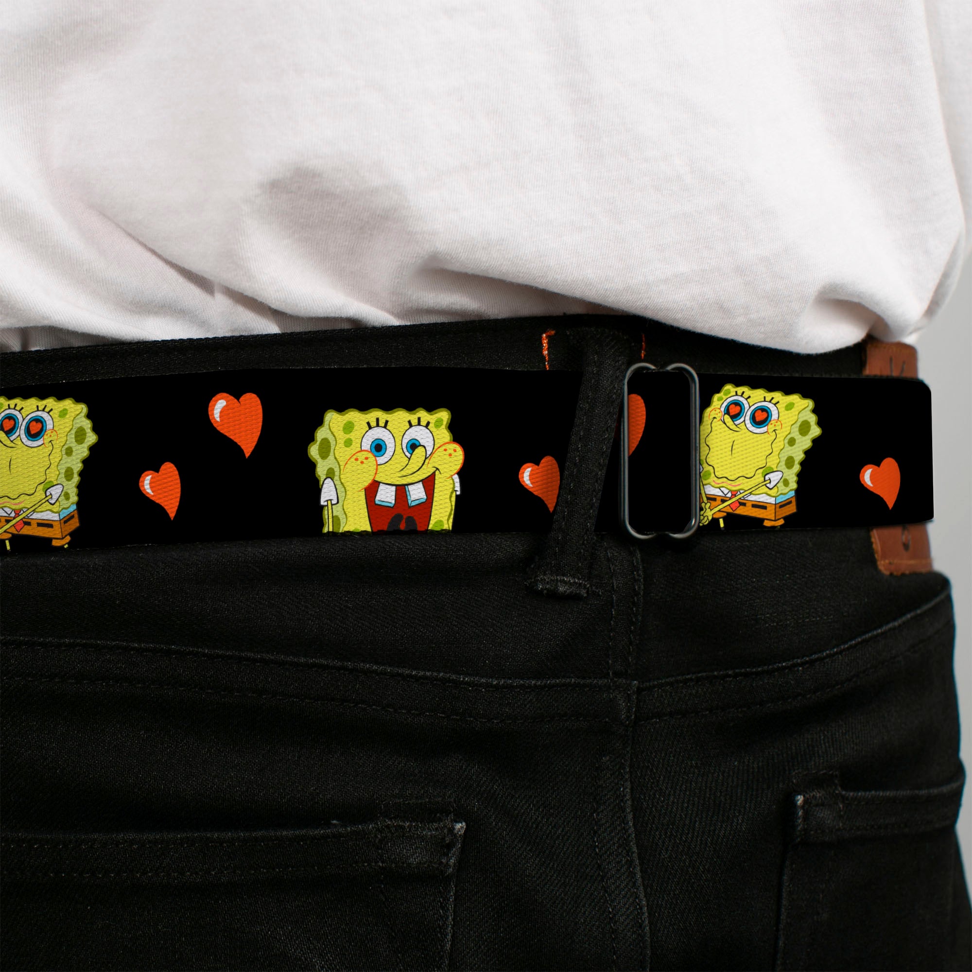 Sponge Bob Face CLOSE-UP Full Color Seatbelt Belt - SpongeBob Love Eyes/Hearts Black/Red Webbing Seatbelt Belts SpongeBob SquarePants