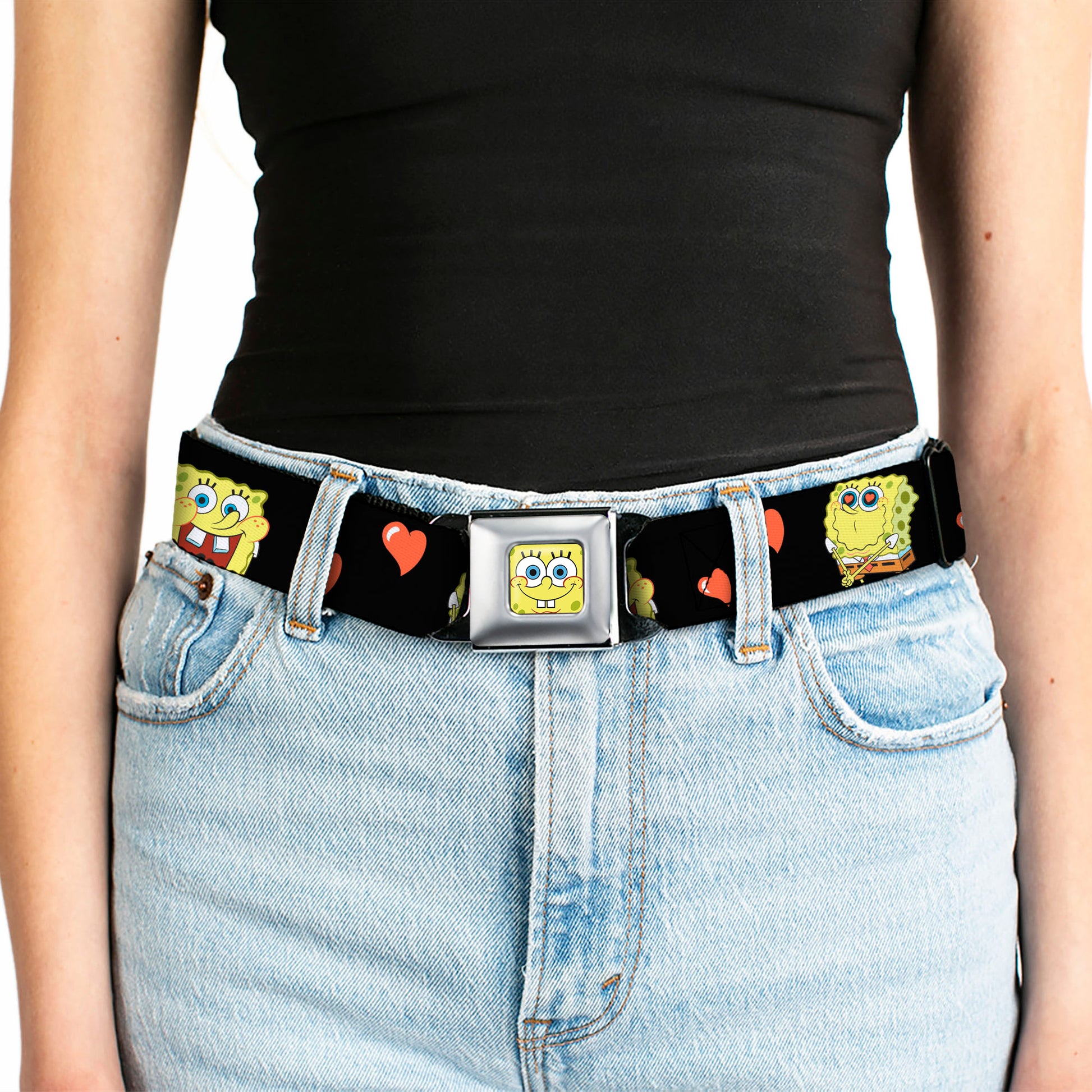 Sponge Bob Face CLOSE-UP Full Color Seatbelt Belt - SpongeBob Love Eyes/Hearts Black/Red Webbing Seatbelt Belts SpongeBob SquarePants