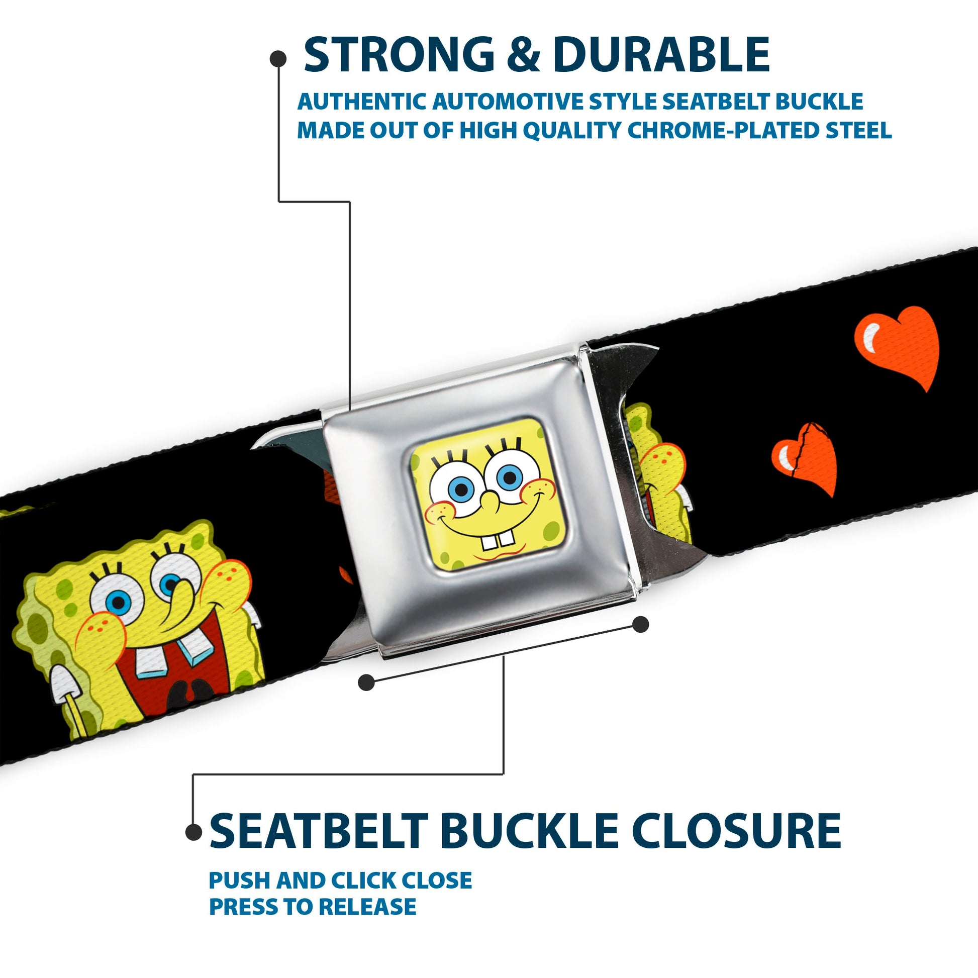 Sponge Bob Face CLOSE-UP Full Color Seatbelt Belt - SpongeBob Love Eyes/Hearts Black/Red Webbing Seatbelt Belts SpongeBob SquarePants