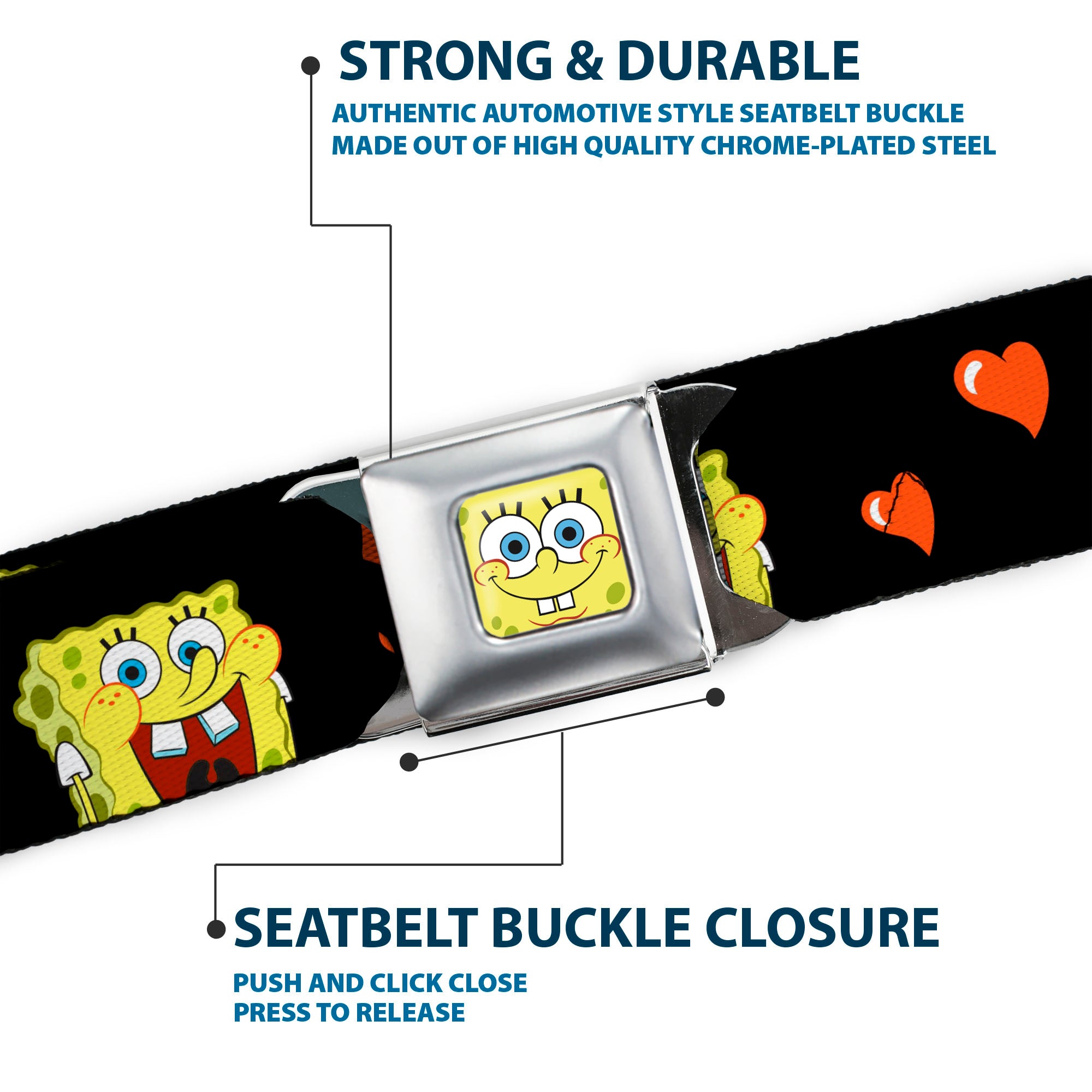 Sponge Bob Face CLOSE-UP Full Color Seatbelt Belt - SpongeBob Love Eyes/Hearts Black/Red Webbing Seatbelt Belts SpongeBob SquarePants