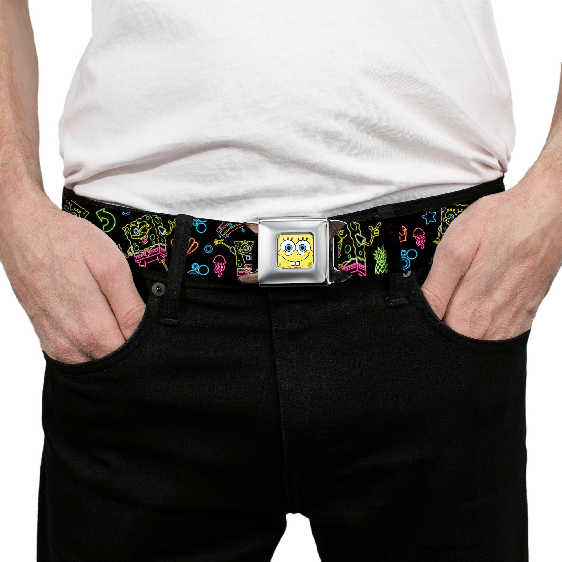 Sponge Bob Face CLOSE-UP Full Color Seatbelt Belt - Electric SpongeBob Poses/Elements Black/Multi Color Webbing Seatbelt Belts SpongeBob SquarePants
