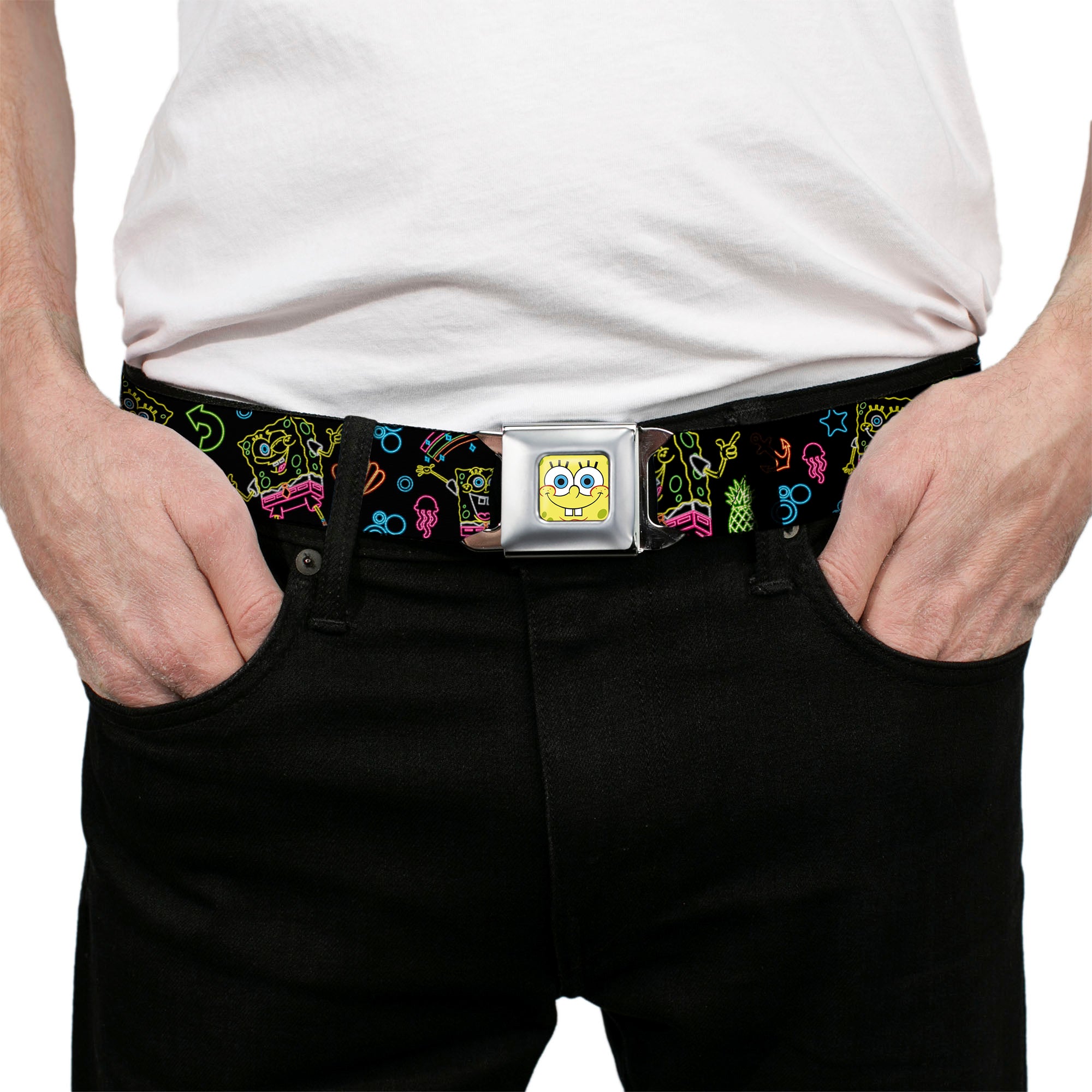Sponge Bob Face CLOSE-UP Full Color Seatbelt Belt - Electric SpongeBob Poses/Elements Black/Multi Color Webbing Seatbelt Belts SpongeBob SquarePants