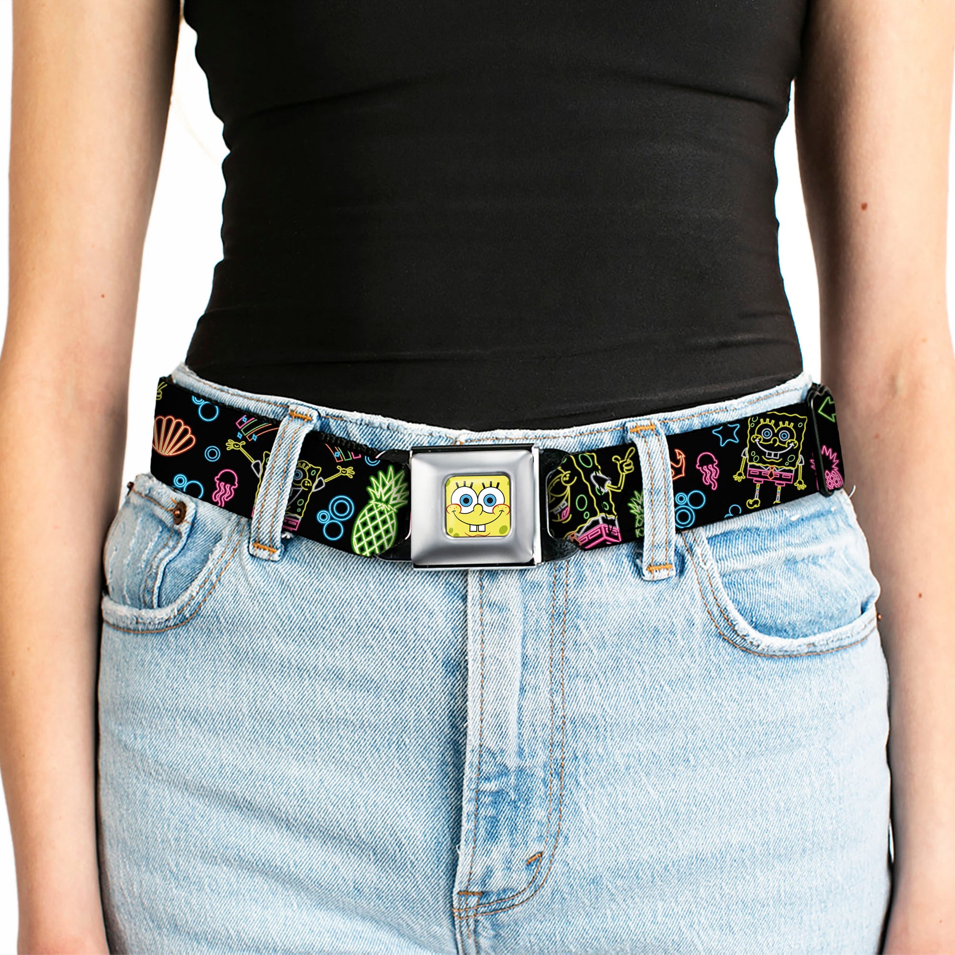 Sponge Bob Face CLOSE-UP Full Color Seatbelt Belt - Electric SpongeBob Poses/Elements Black/Multi Color Webbing Seatbelt Belts SpongeBob SquarePants