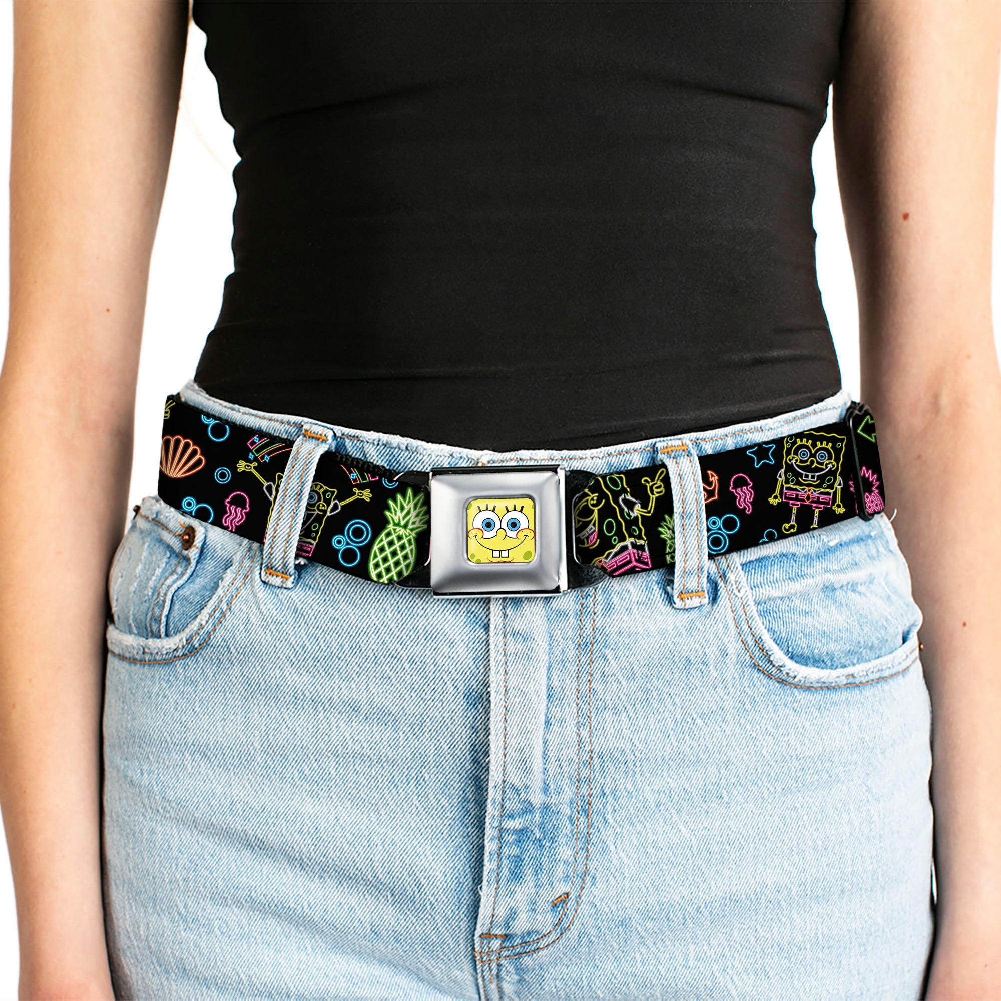 Sponge Bob Face CLOSE-UP Full Color Seatbelt Belt - Electric SpongeBob Poses/Elements Black/Multi Color Webbing Seatbelt Belts SpongeBob SquarePants
