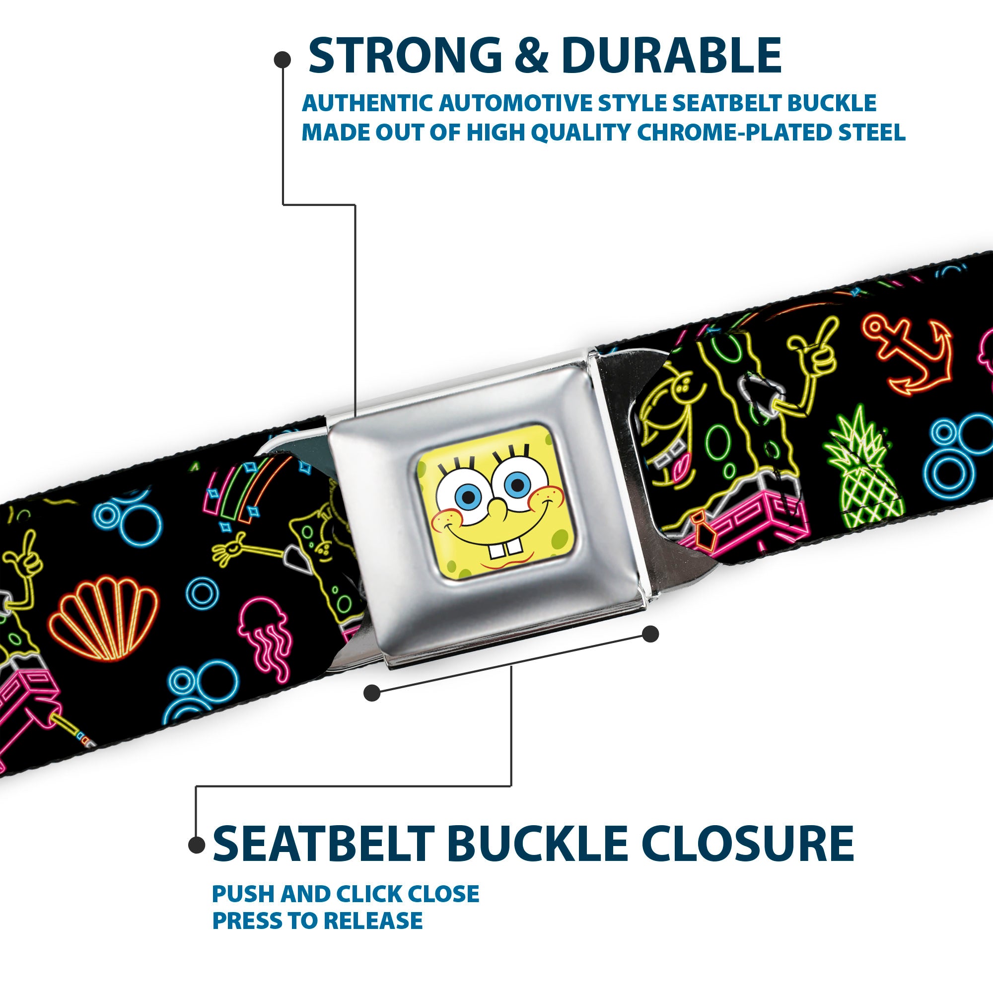 Sponge Bob Face CLOSE-UP Full Color Seatbelt Belt - Electric SpongeBob Poses/Elements Black/Multi Color Webbing Seatbelt Belts SpongeBob SquarePants