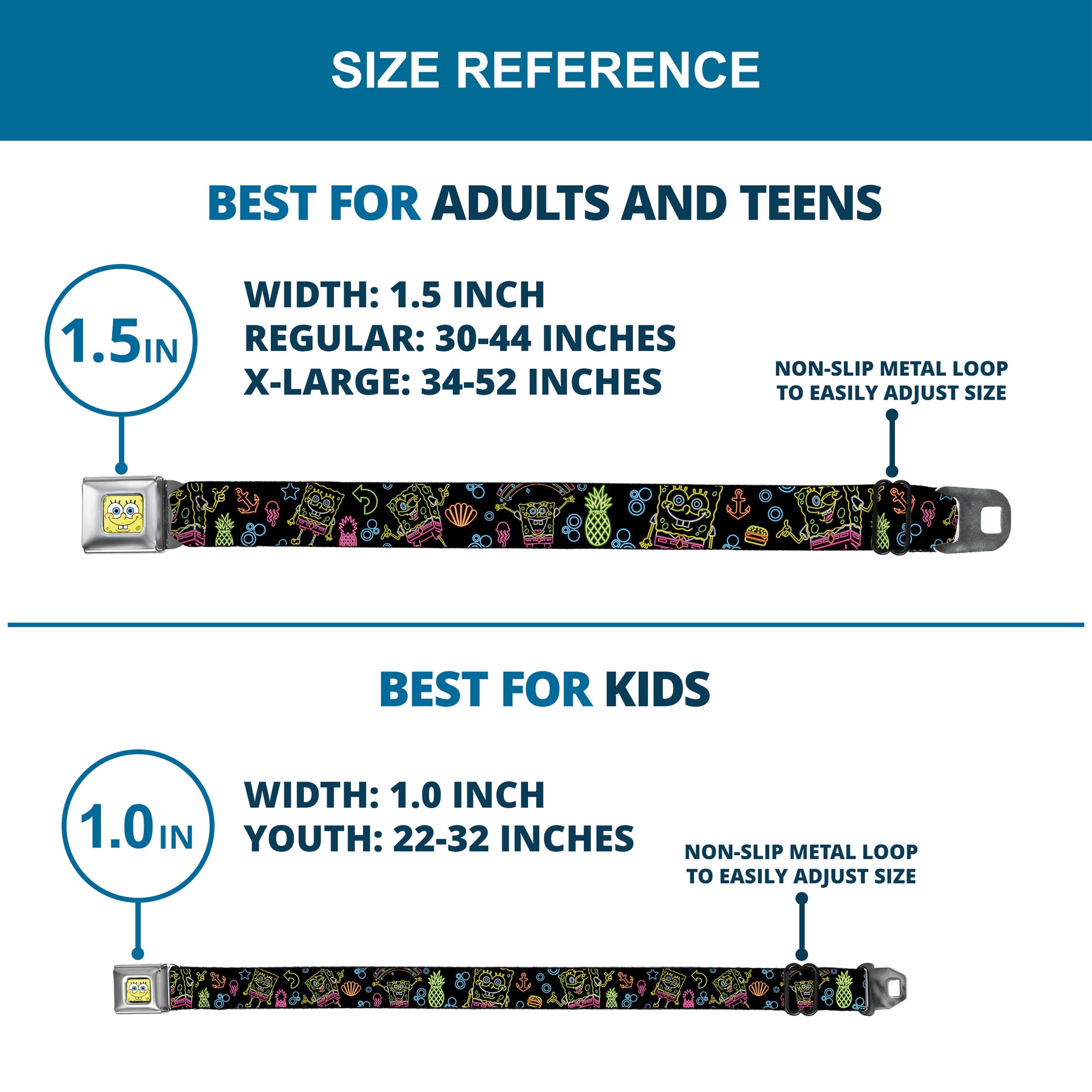 Sponge Bob Face CLOSE-UP Full Color Seatbelt Belt - Electric SpongeBob Poses/Elements Black/Multi Color Webbing Seatbelt Belts SpongeBob SquarePants