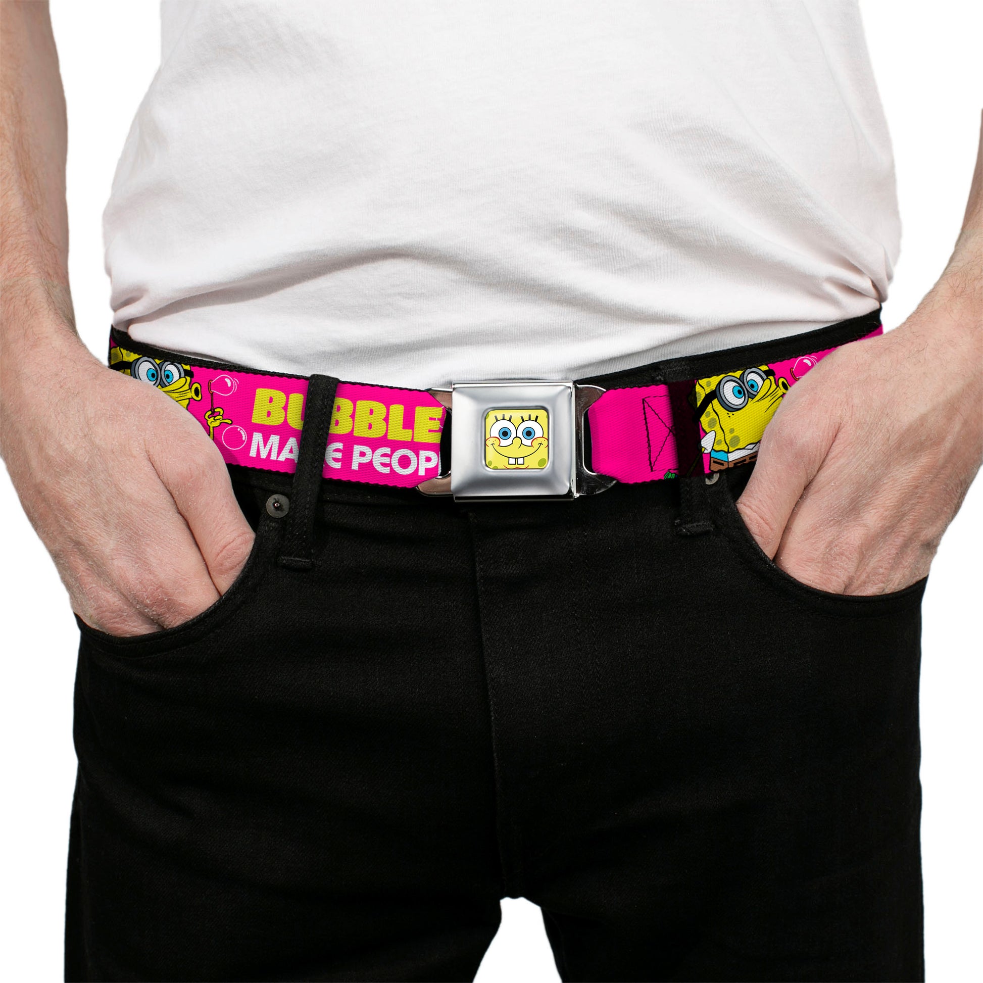 Sponge Bob Face CLOSE-UP Full Color Seatbelt Belt - Patrick Starfish Pose BUBBLES MAKE PEOPLE HAPPY Pink/Yellow/White/Blue Webbing Seatbelt Belts SpongeBob SquarePants
