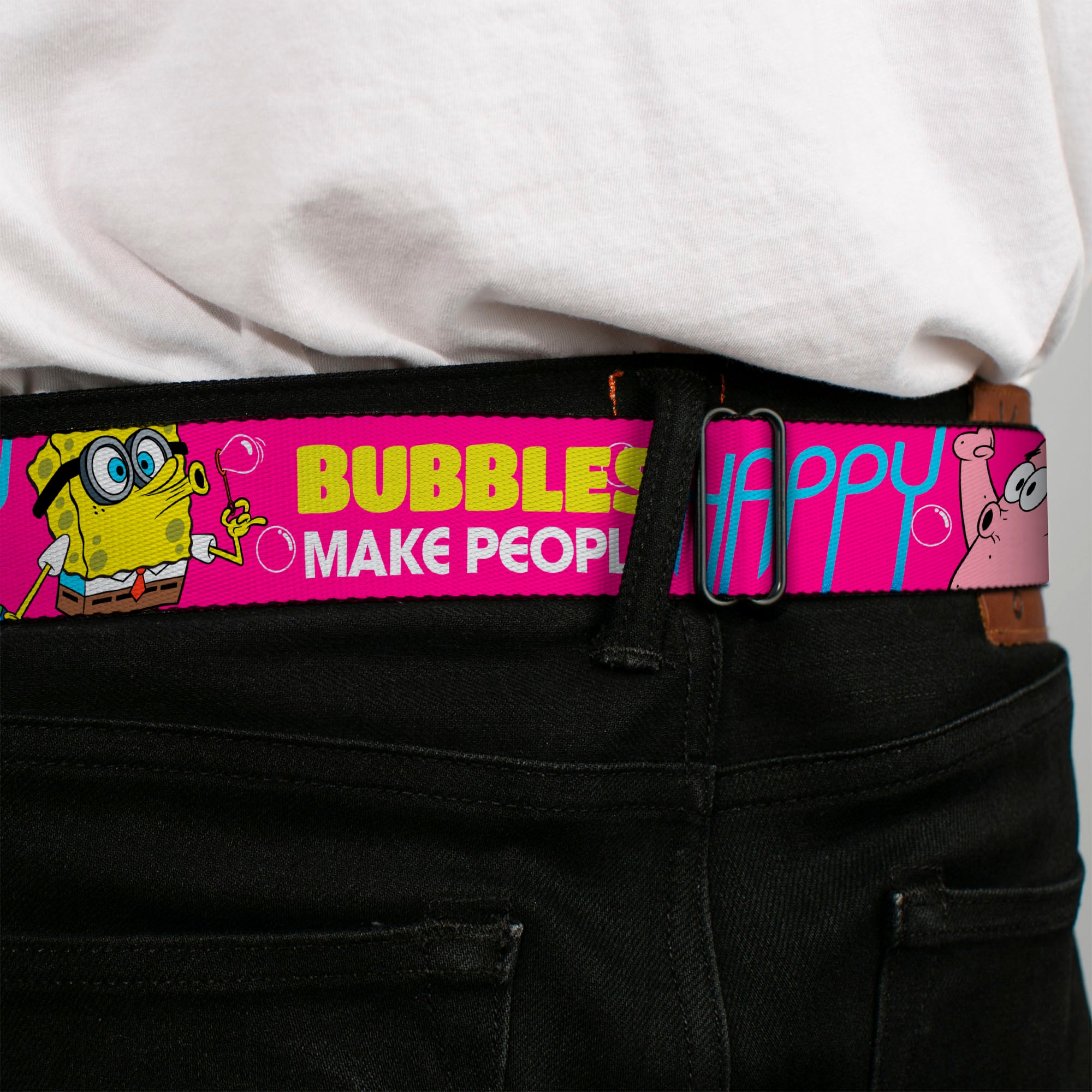 Sponge Bob Face CLOSE-UP Full Color Seatbelt Belt - Patrick Starfish Pose BUBBLES MAKE PEOPLE HAPPY Pink/Yellow/White/Blue Webbing Seatbelt Belts SpongeBob SquarePants