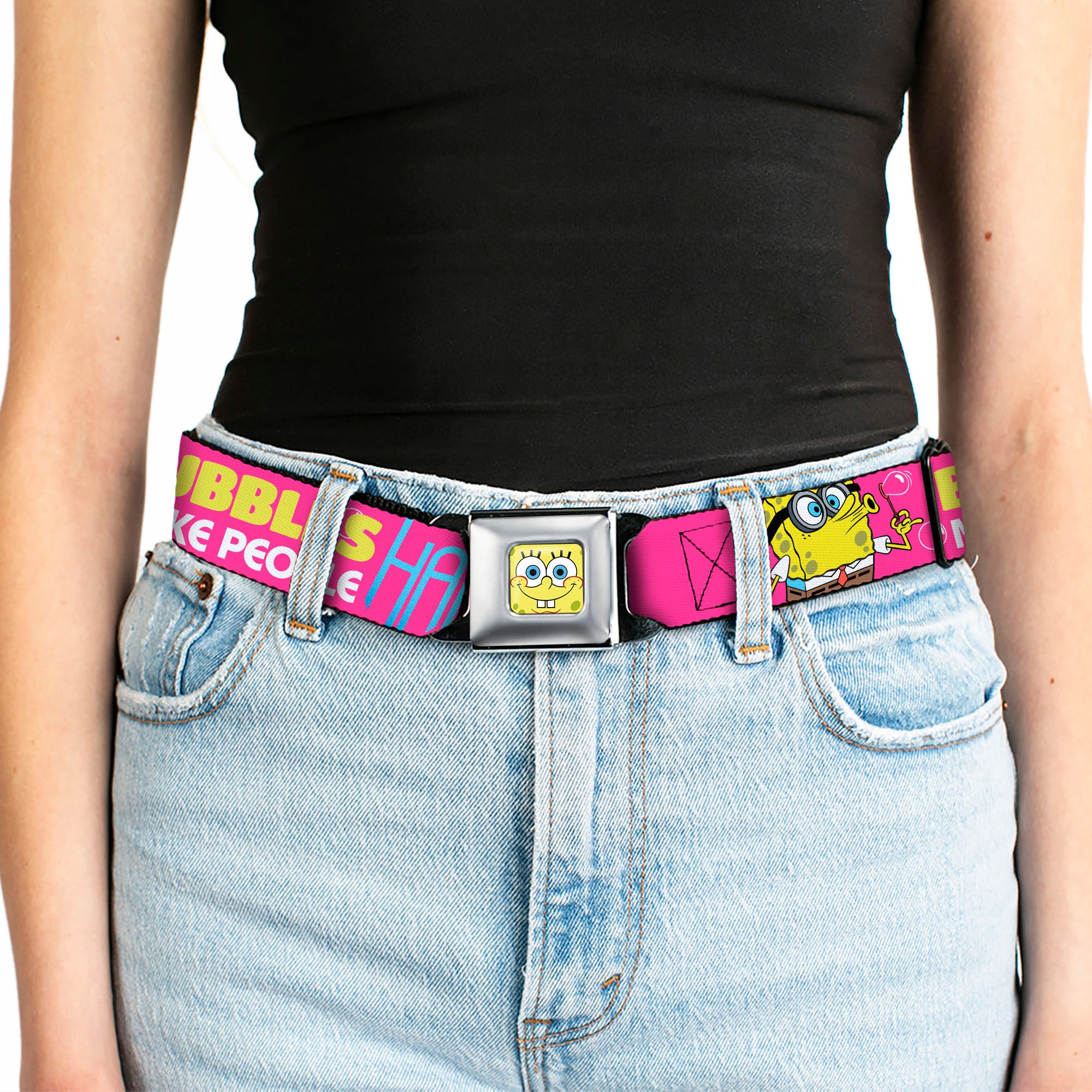 Sponge Bob Face CLOSE-UP Full Color Seatbelt Belt - Patrick Starfish Pose BUBBLES MAKE PEOPLE HAPPY Pink/Yellow/White/Blue Webbing Seatbelt Belts SpongeBob SquarePants
