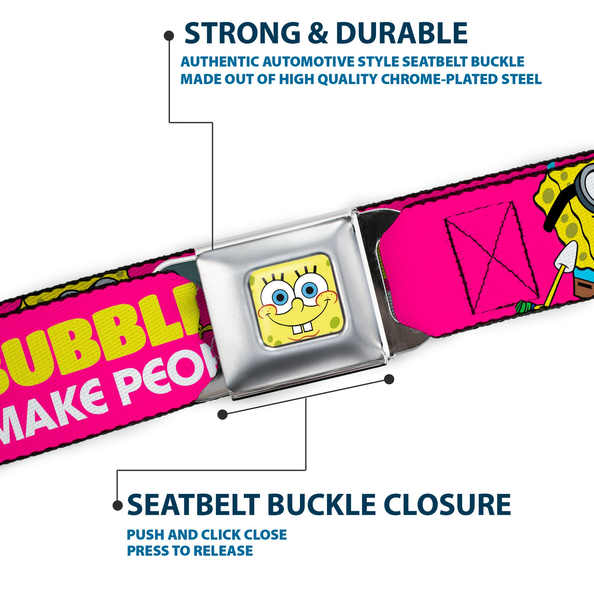 Sponge Bob Face CLOSE-UP Full Color Seatbelt Belt - Patrick Starfish Pose BUBBLES MAKE PEOPLE HAPPY Pink/Yellow/White/Blue Webbing Seatbelt Belts SpongeBob SquarePants