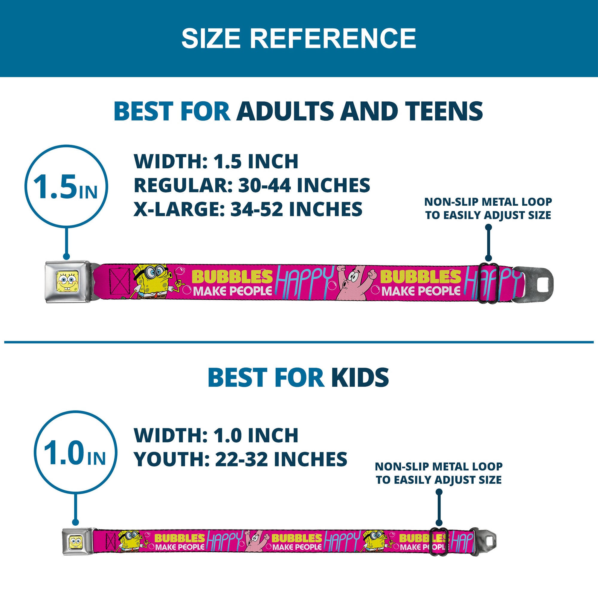 Sponge Bob Face CLOSE-UP Full Color Seatbelt Belt - Patrick Starfish Pose BUBBLES MAKE PEOPLE HAPPY Pink/Yellow/White/Blue Webbing Seatbelt Belts SpongeBob SquarePants