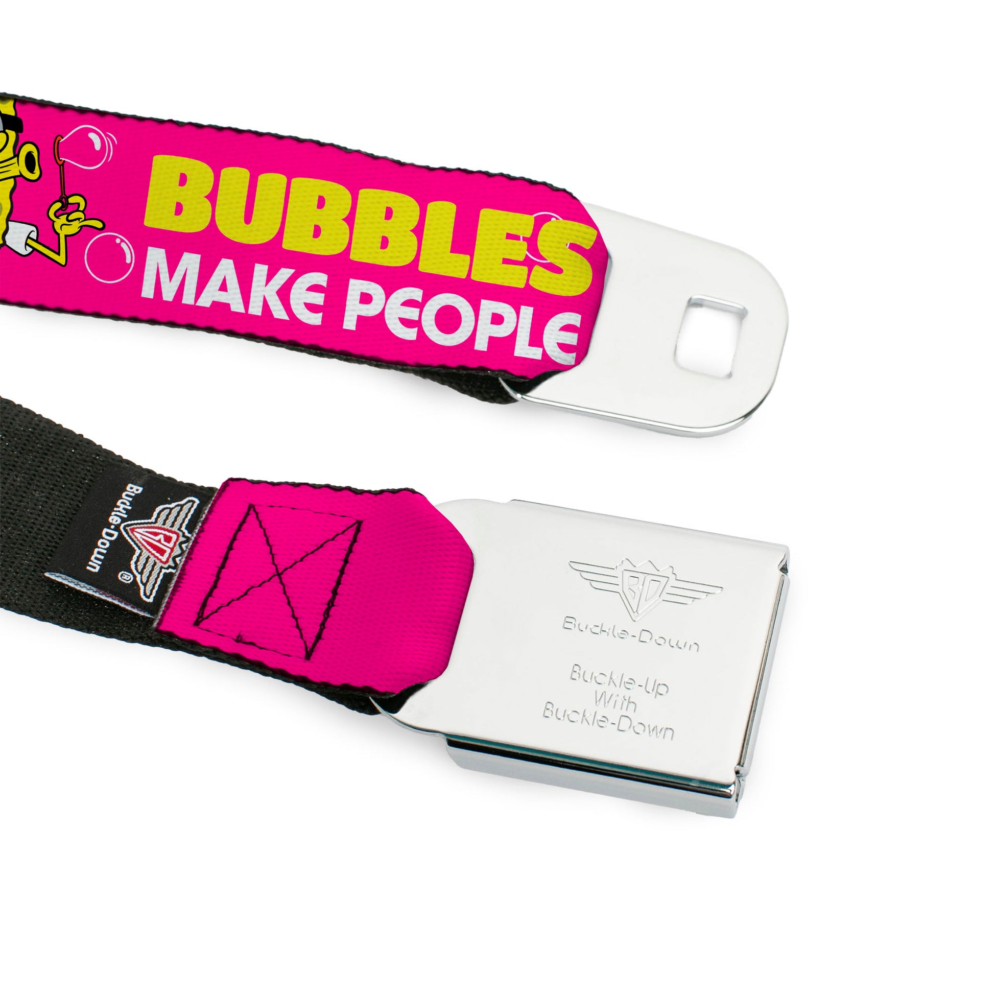 Sponge Bob Face CLOSE-UP Full Color Seatbelt Belt - Patrick Starfish Pose BUBBLES MAKE PEOPLE HAPPY Pink/Yellow/White/Blue Webbing Seatbelt Belts SpongeBob SquarePants