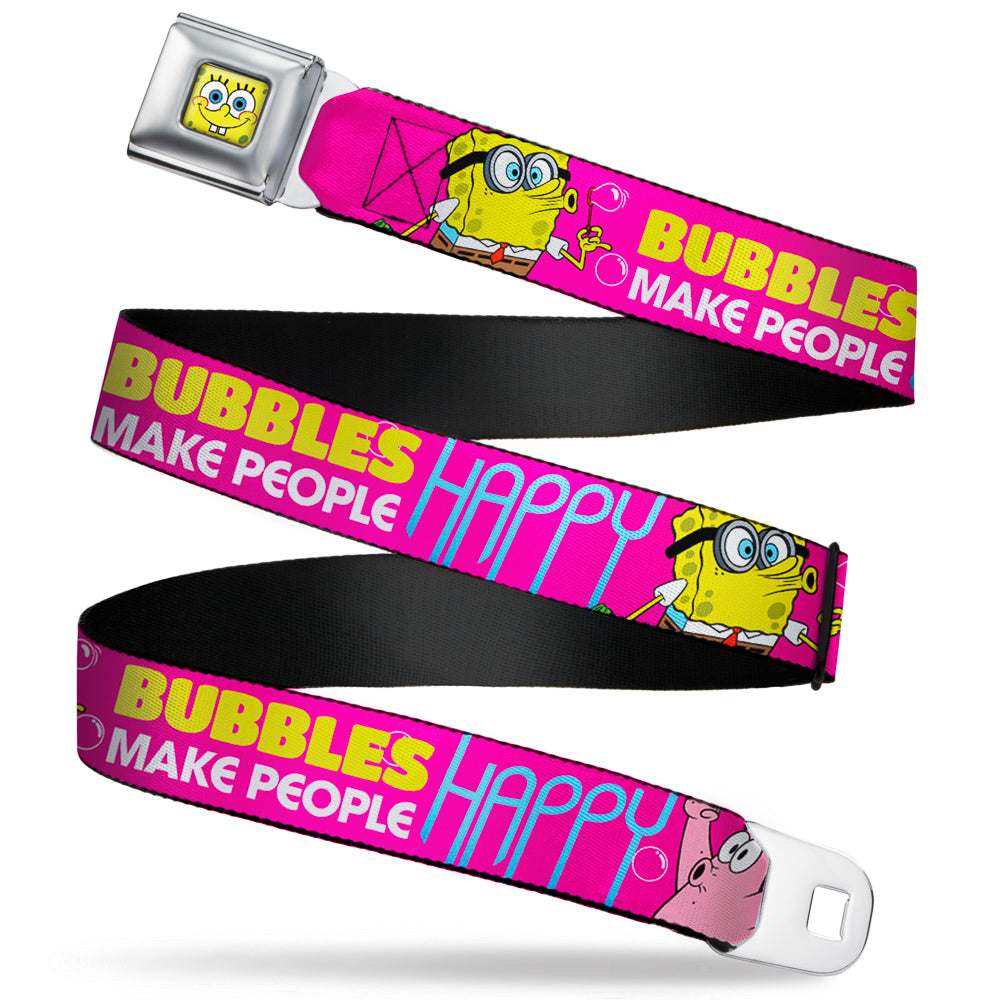 Sponge Bob Face CLOSE-UP Full Color Seatbelt Belt - Patrick Starfish Pose BUBBLES MAKE PEOPLE HAPPY Pink/Yellow/White/Blue Webbing Seatbelt Belts SpongeBob SquarePants