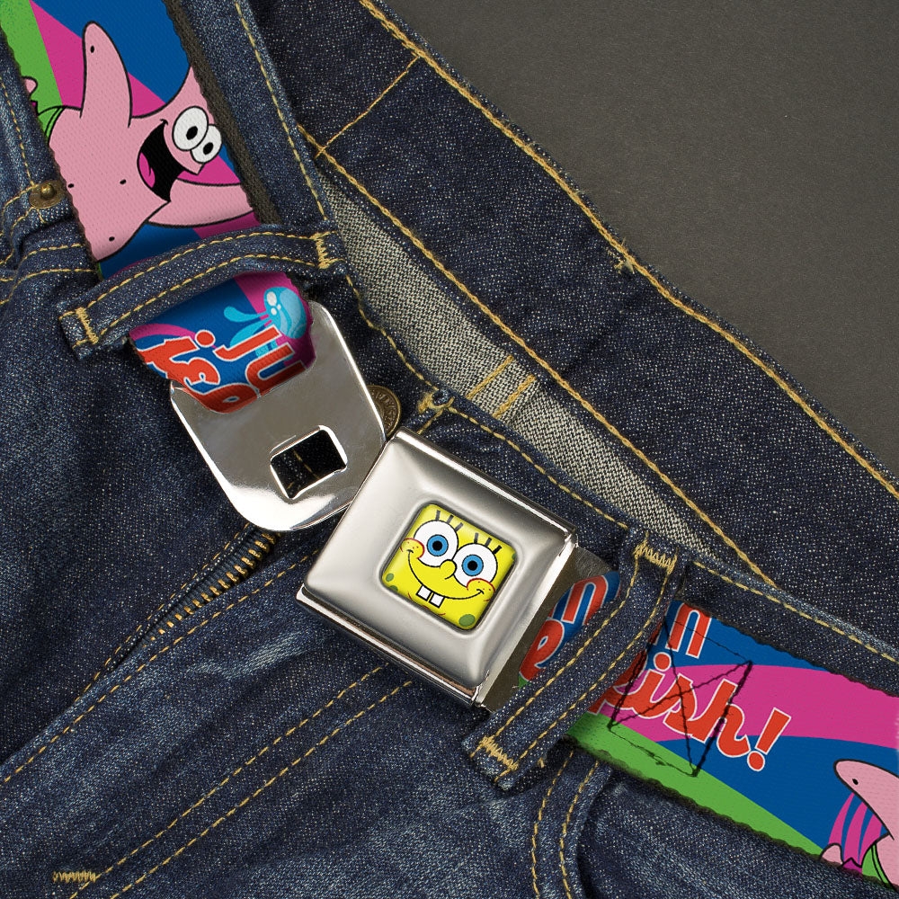 Sponge Bob Face CLOSE-UP Full Color Seatbelt Belt - Nerd SpongeBob & Patrick Starfish Running JUMPIN' JELLYFISH! Multi Color/Red Webbing Seatbelt Belts SpongeBob SquarePants