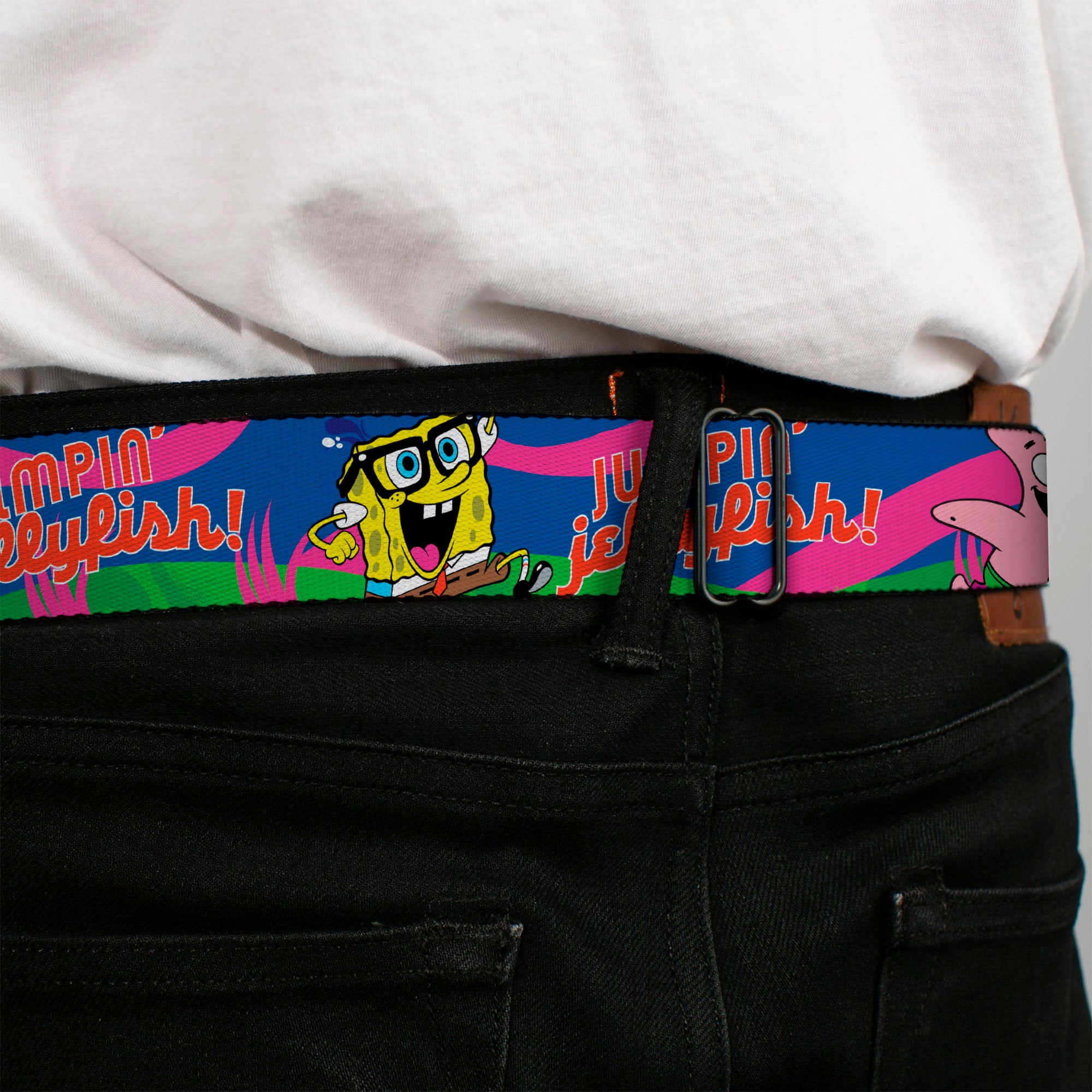 Sponge Bob Face CLOSE-UP Full Color Seatbelt Belt - Nerd SpongeBob & Patrick Starfish Running JUMPIN' JELLYFISH! Multi Color/Red Webbing Seatbelt Belts SpongeBob SquarePants
