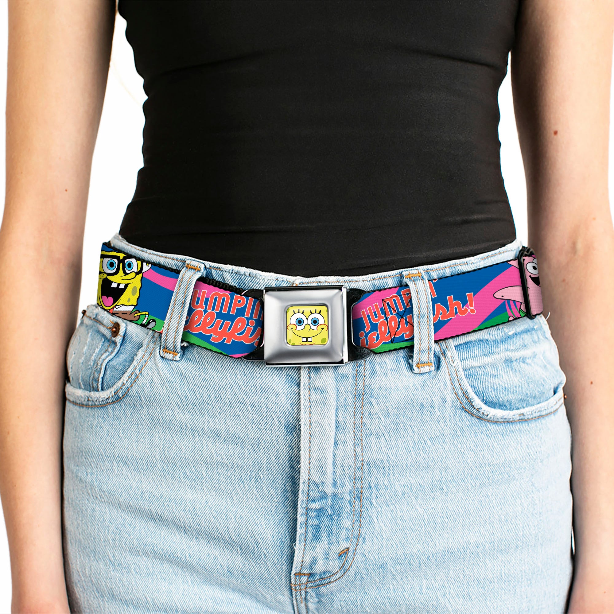 Sponge Bob Face CLOSE-UP Full Color Seatbelt Belt - Nerd SpongeBob & Patrick Starfish Running JUMPIN' JELLYFISH! Multi Color/Red Webbing Seatbelt Belts SpongeBob SquarePants