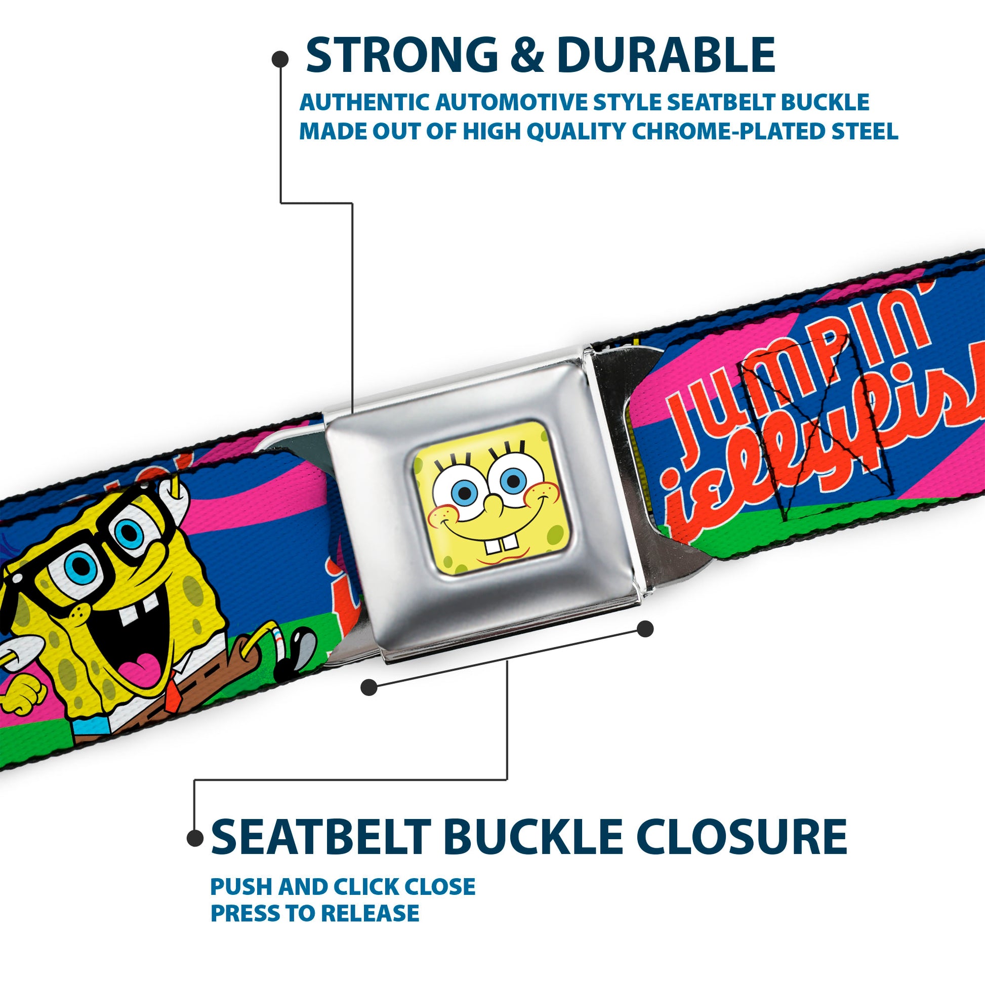 Sponge Bob Face CLOSE-UP Full Color Seatbelt Belt - Nerd SpongeBob & Patrick Starfish Running JUMPIN' JELLYFISH! Multi Color/Red Webbing Seatbelt Belts SpongeBob SquarePants