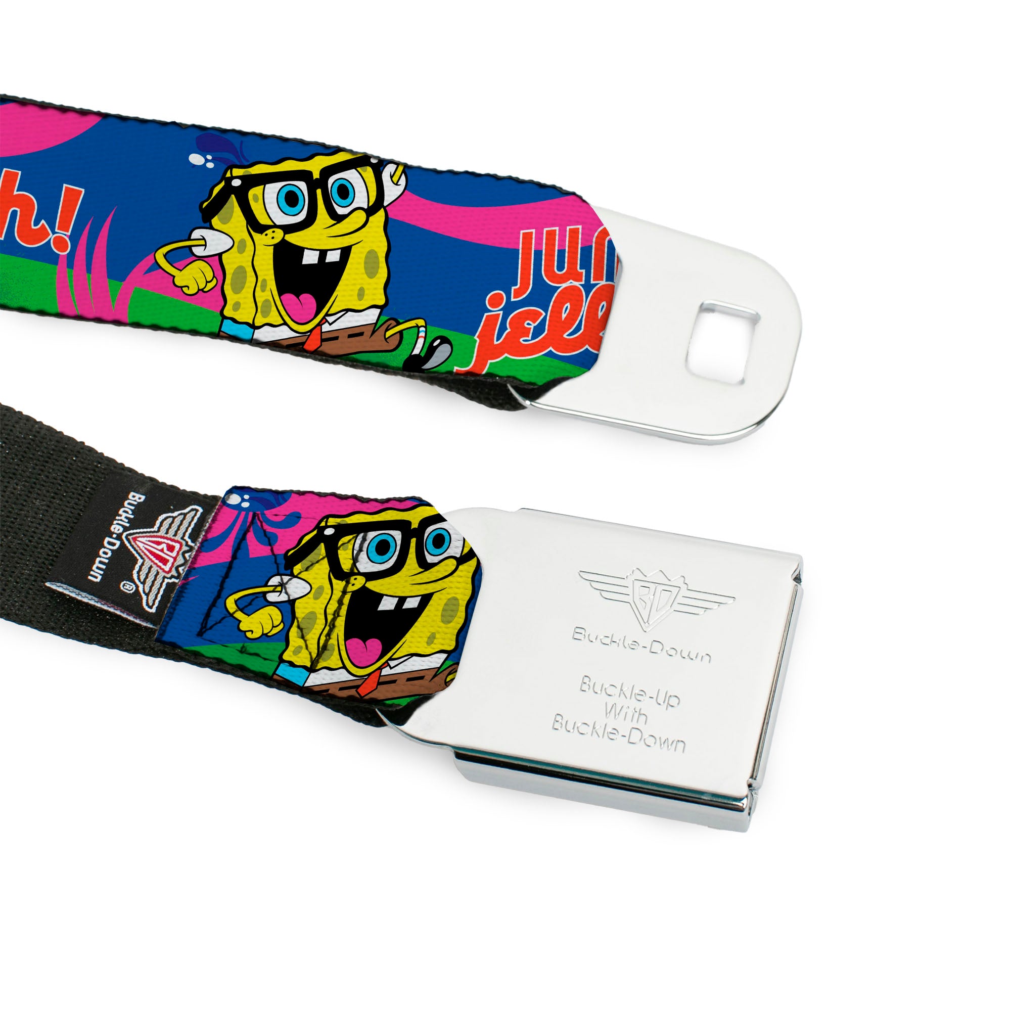 Sponge Bob Face CLOSE-UP Full Color Seatbelt Belt - Nerd SpongeBob & Patrick Starfish Running JUMPIN' JELLYFISH! Multi Color/Red Webbing Seatbelt Belts SpongeBob SquarePants