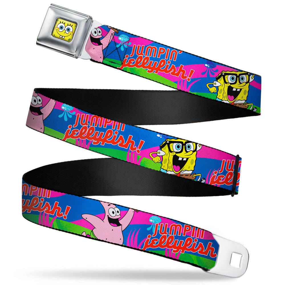 Sponge Bob Face CLOSE-UP Full Color Seatbelt Belt - Nerd SpongeBob & Patrick Starfish Running JUMPIN' JELLYFISH! Multi Color/Red Webbing Seatbelt Belts SpongeBob SquarePants