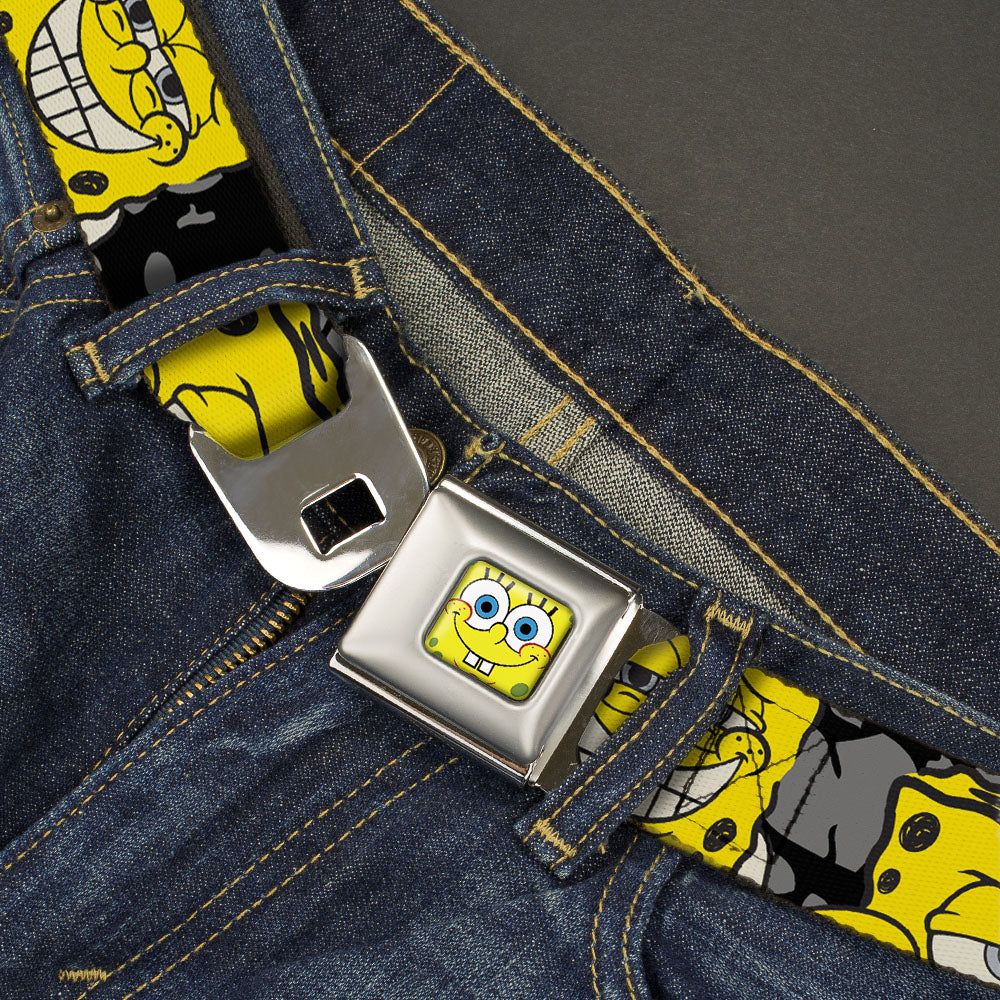 Sponge Bob Face CLOSE-UP Full Color Seatbelt Belt - SpongeBob 4-CLOSE-UP Expressions/Crackle Black/Gray/Yellow Webbing Seatbelt Belts SpongeBob SquarePants