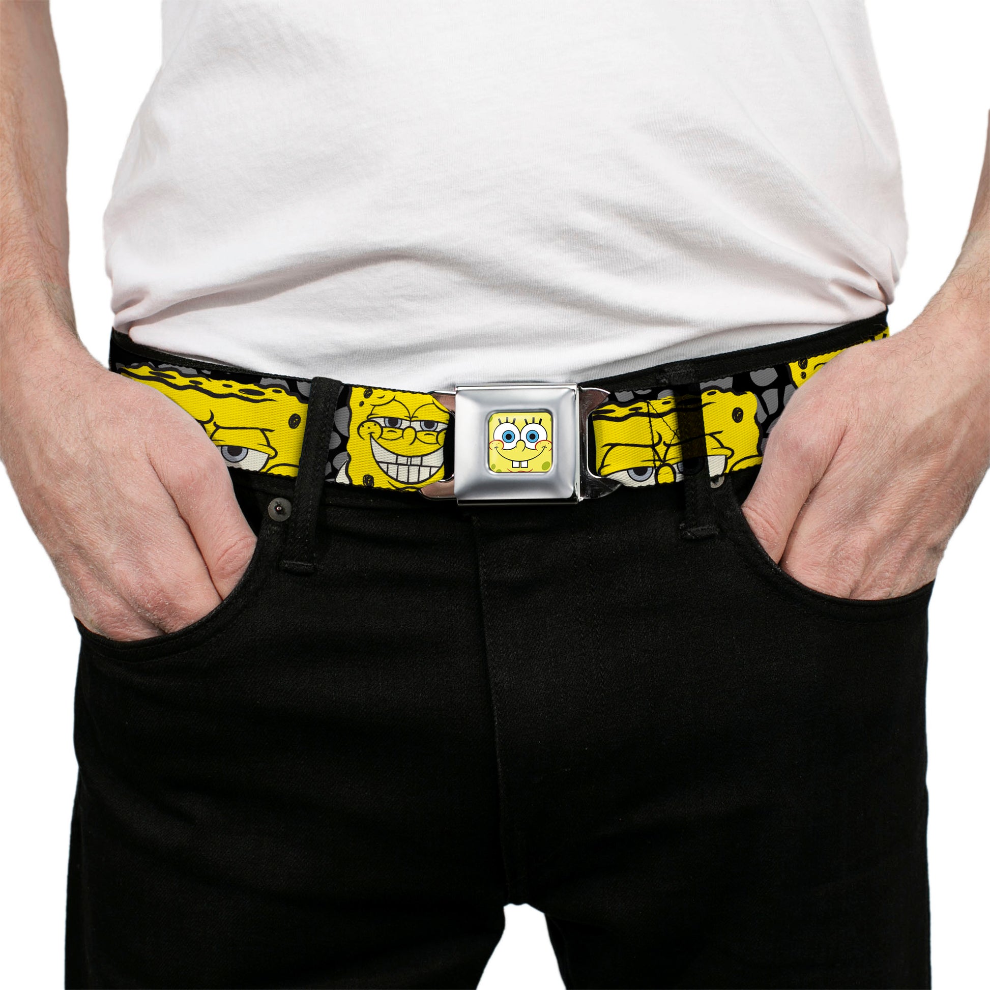 Sponge Bob Face CLOSE-UP Full Color Seatbelt Belt - SpongeBob 4-CLOSE-UP Expressions/Crackle Black/Gray/Yellow Webbing Seatbelt Belts SpongeBob SquarePants