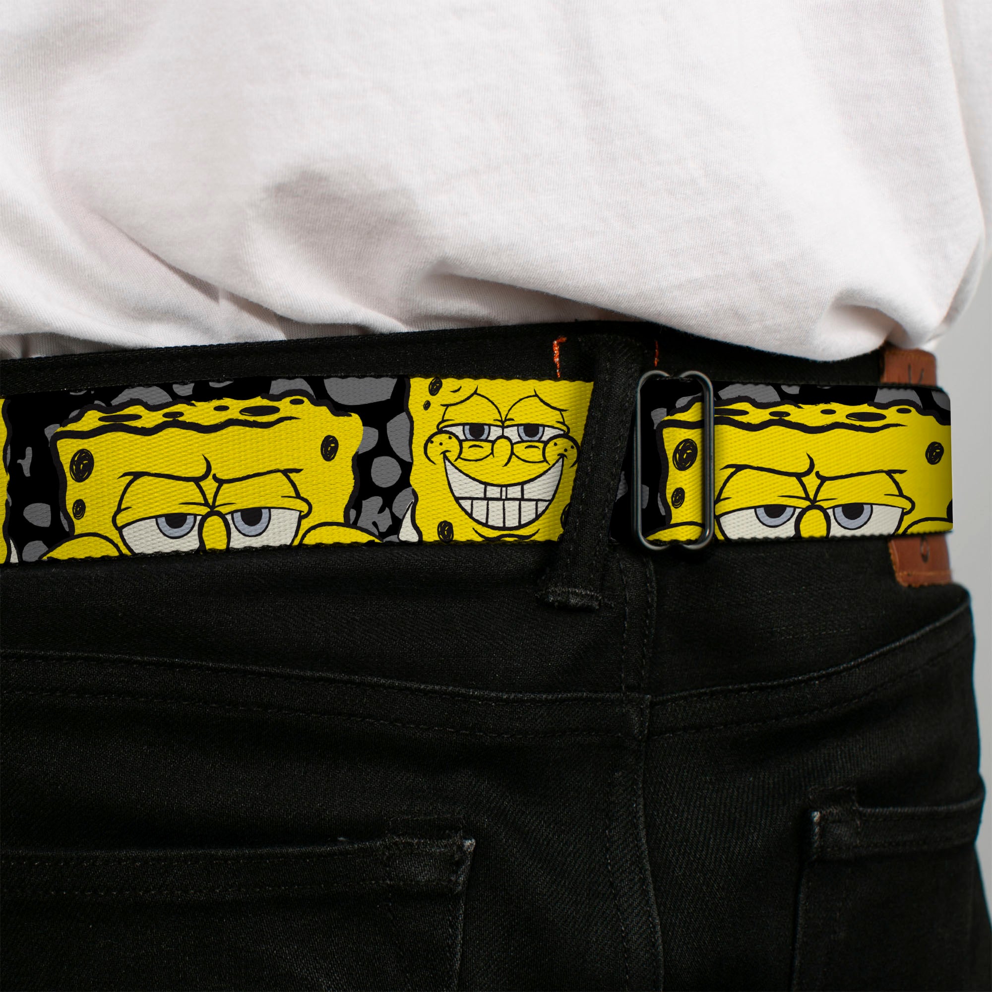 Sponge Bob Face CLOSE-UP Full Color Seatbelt Belt - SpongeBob 4-CLOSE-UP Expressions/Crackle Black/Gray/Yellow Webbing Seatbelt Belts SpongeBob SquarePants