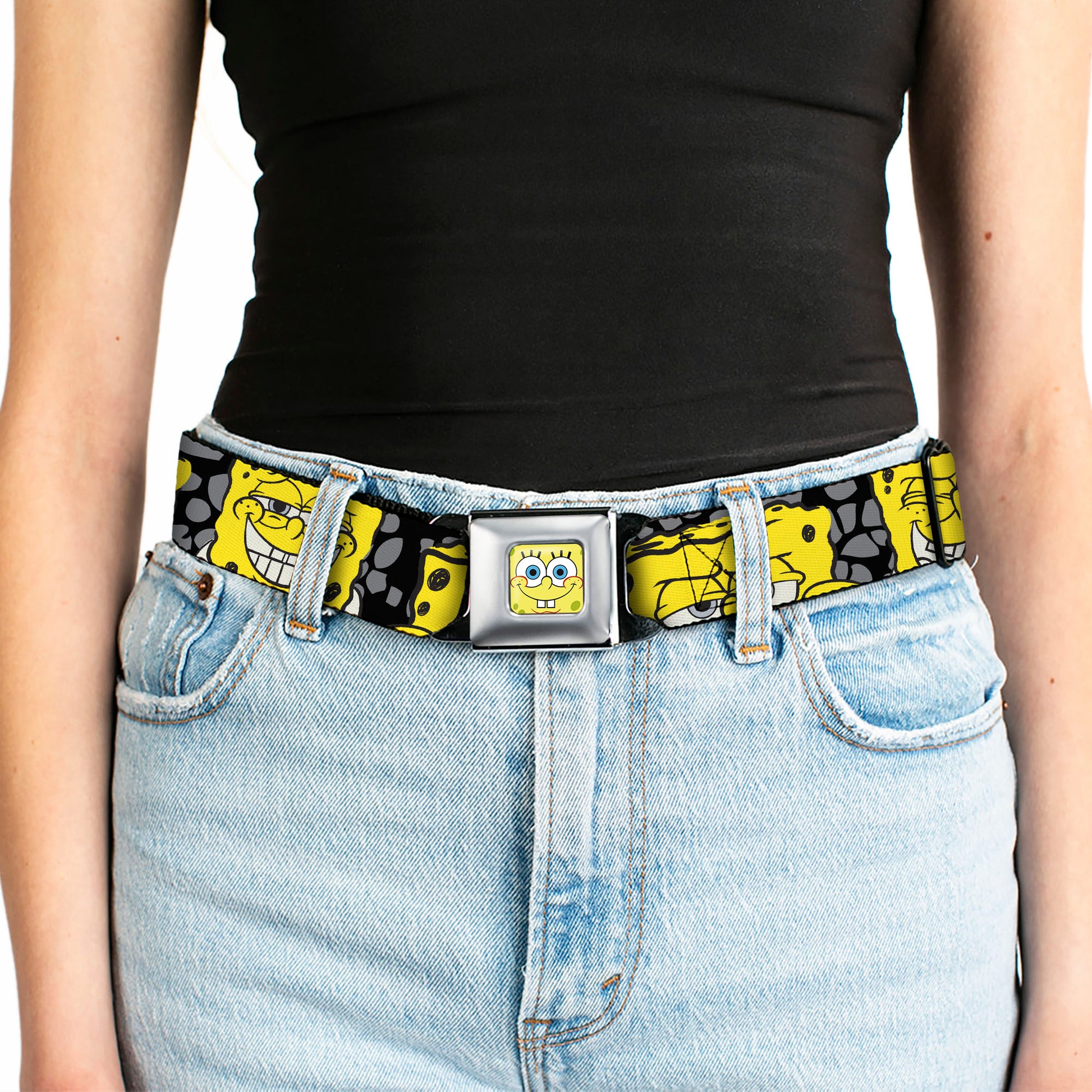 Sponge Bob Face CLOSE-UP Full Color Seatbelt Belt - SpongeBob 4-CLOSE-UP Expressions/Crackle Black/Gray/Yellow Webbing Seatbelt Belts SpongeBob SquarePants