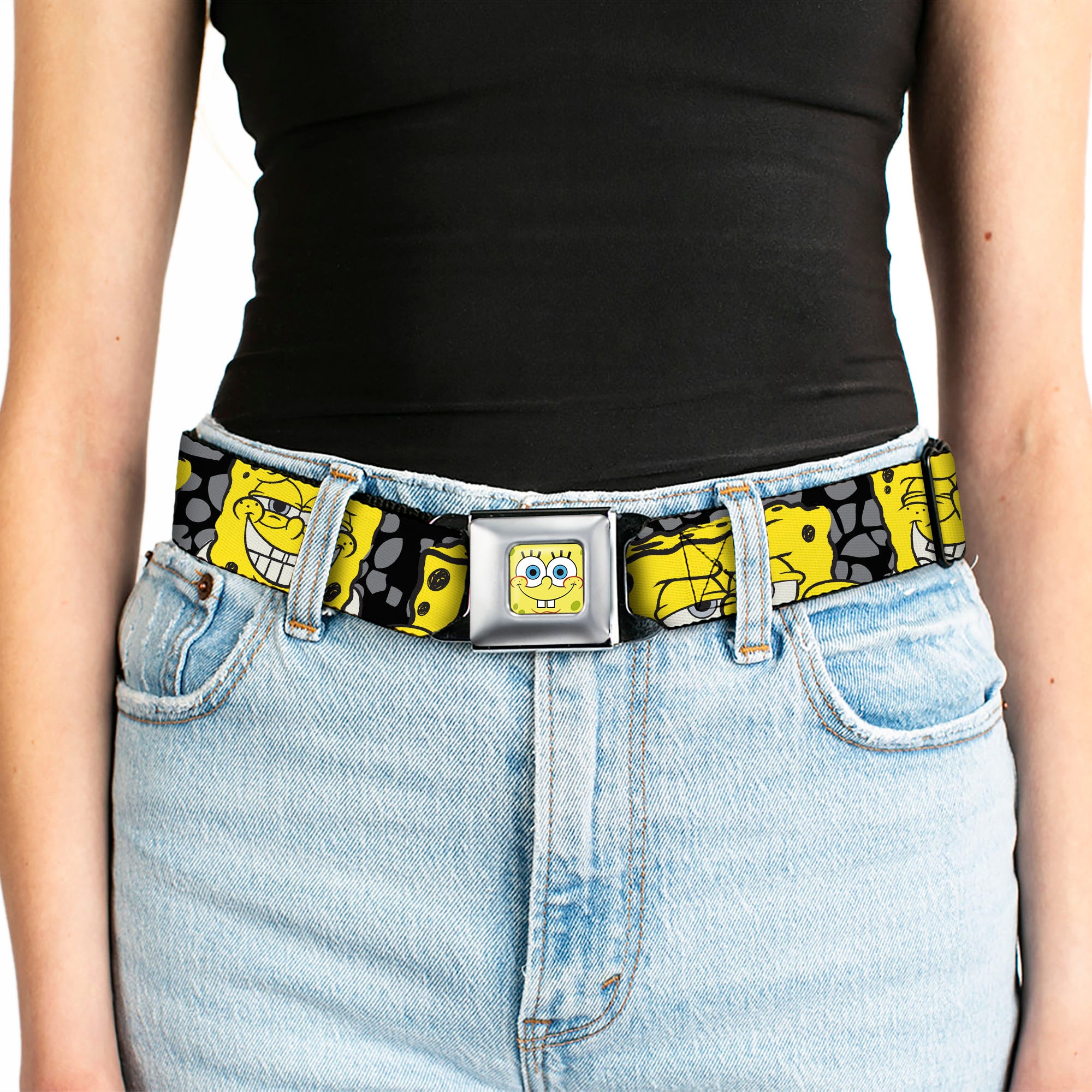 Sponge Bob Face CLOSE-UP Full Color Seatbelt Belt - SpongeBob 4-CLOSE-UP Expressions/Crackle Black/Gray/Yellow Webbing Seatbelt Belts SpongeBob SquarePants