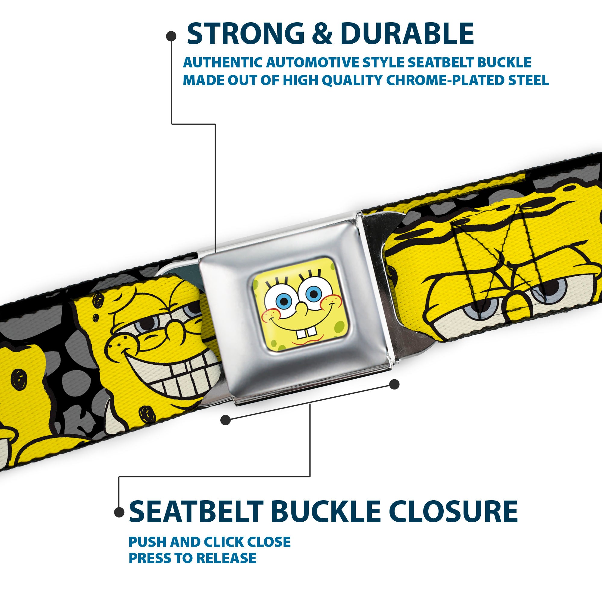 Sponge Bob Face CLOSE-UP Full Color Seatbelt Belt - SpongeBob 4-CLOSE-UP Expressions/Crackle Black/Gray/Yellow Webbing Seatbelt Belts SpongeBob SquarePants