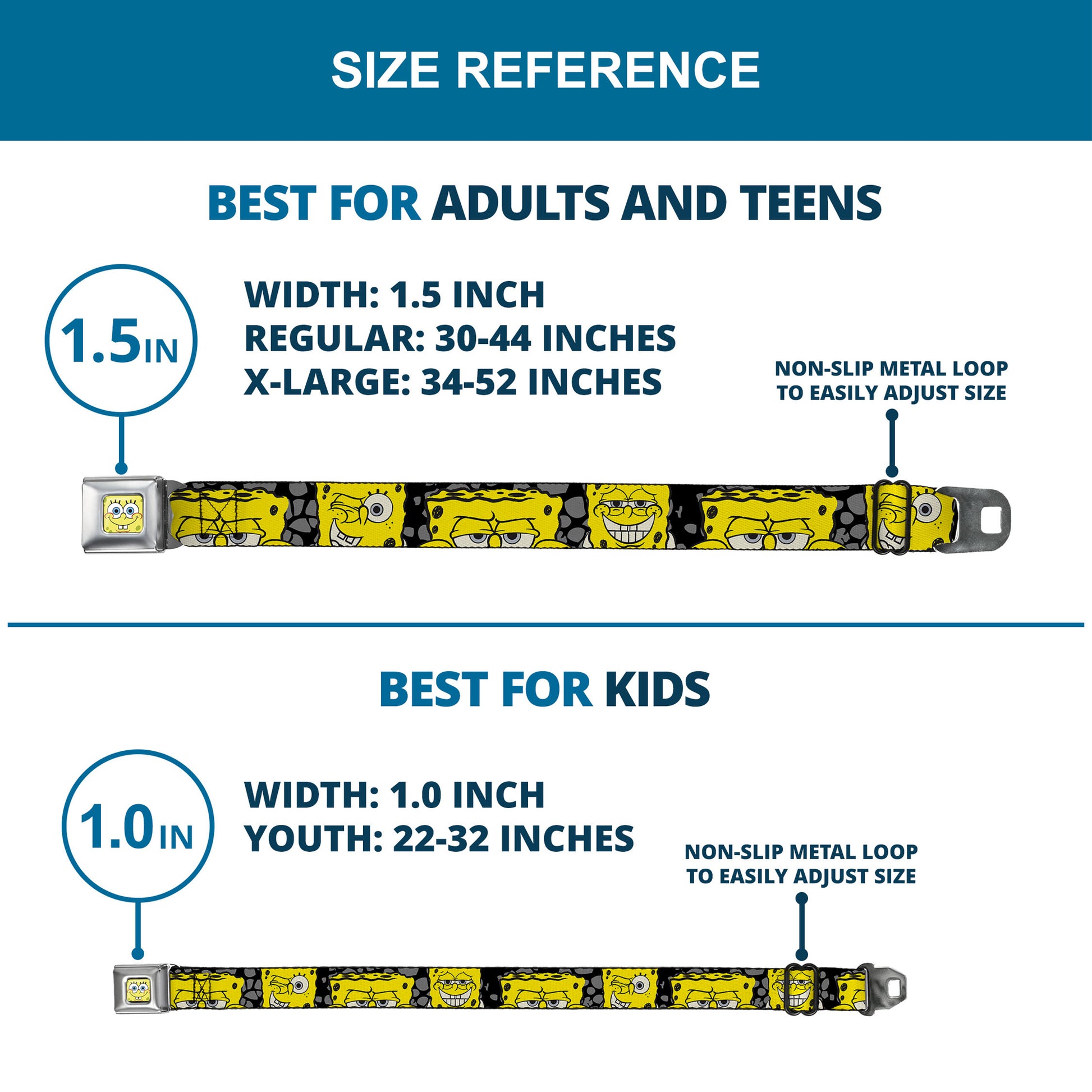Sponge Bob Face CLOSE-UP Full Color Seatbelt Belt - SpongeBob 4-CLOSE-UP Expressions/Crackle Black/Gray/Yellow Webbing Seatbelt Belts SpongeBob SquarePants