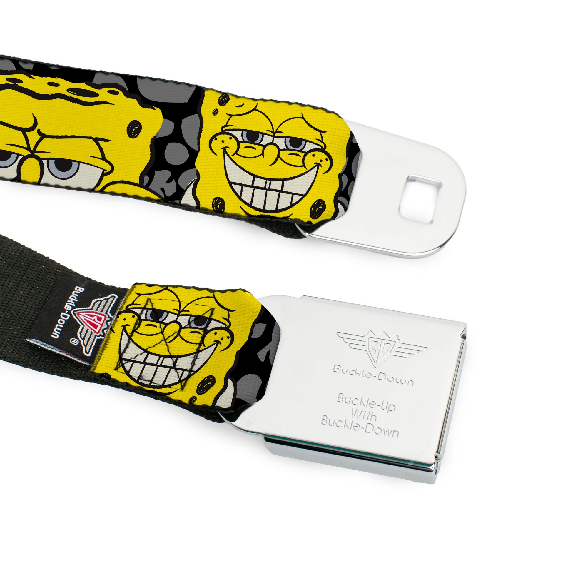 Sponge Bob Face CLOSE-UP Full Color Seatbelt Belt - SpongeBob 4-CLOSE-UP Expressions/Crackle Black/Gray/Yellow Webbing Seatbelt Belts SpongeBob SquarePants