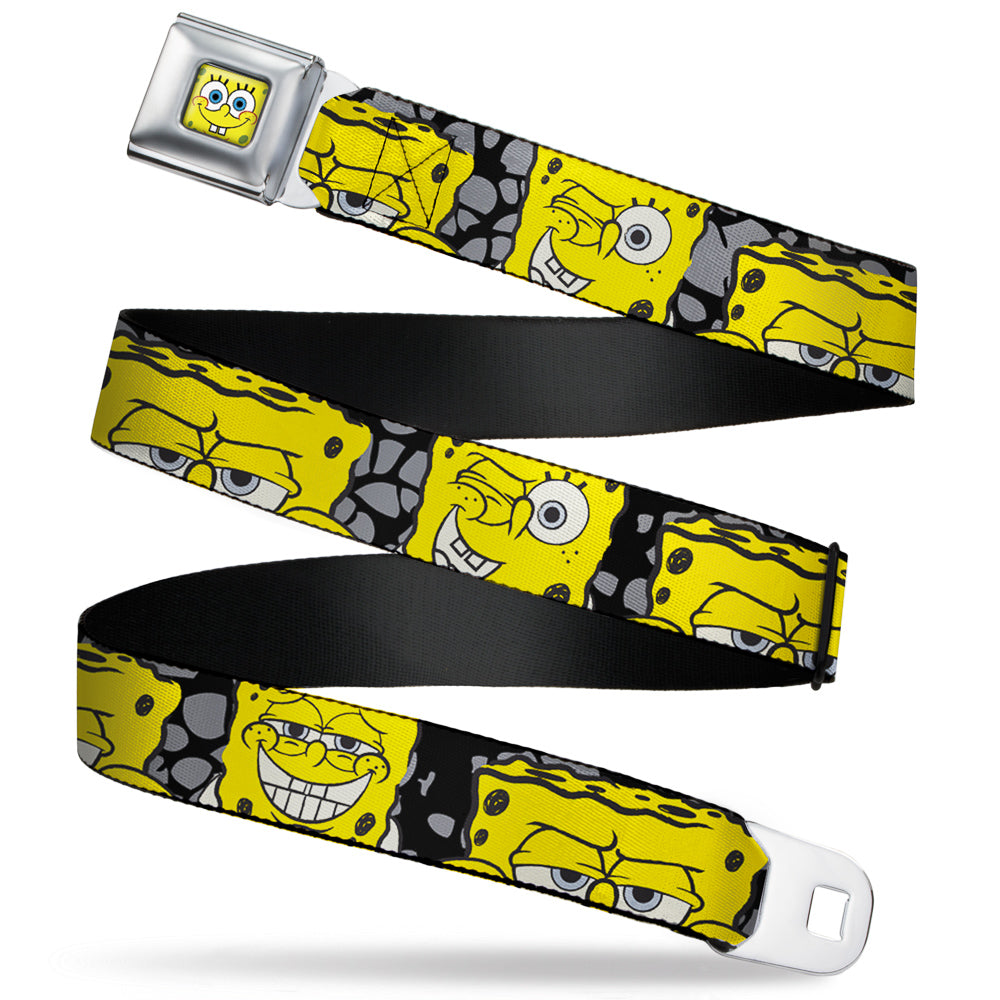 Sponge Bob Face CLOSE-UP Full Color Seatbelt Belt - SpongeBob 4-CLOSE-UP Expressions/Crackle Black/Gray/Yellow Webbing Seatbelt Belts SpongeBob SquarePants