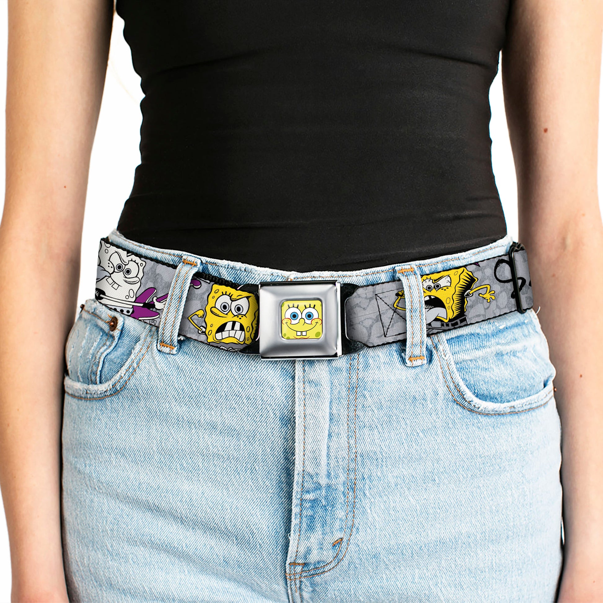 Sponge Bob Face CLOSE-UP Full Color Seatbelt Belt - SpongeBob 3-Poses SPONGEITUDE Grays/Black Webbing Seatbelt Belts SpongeBob SquarePants