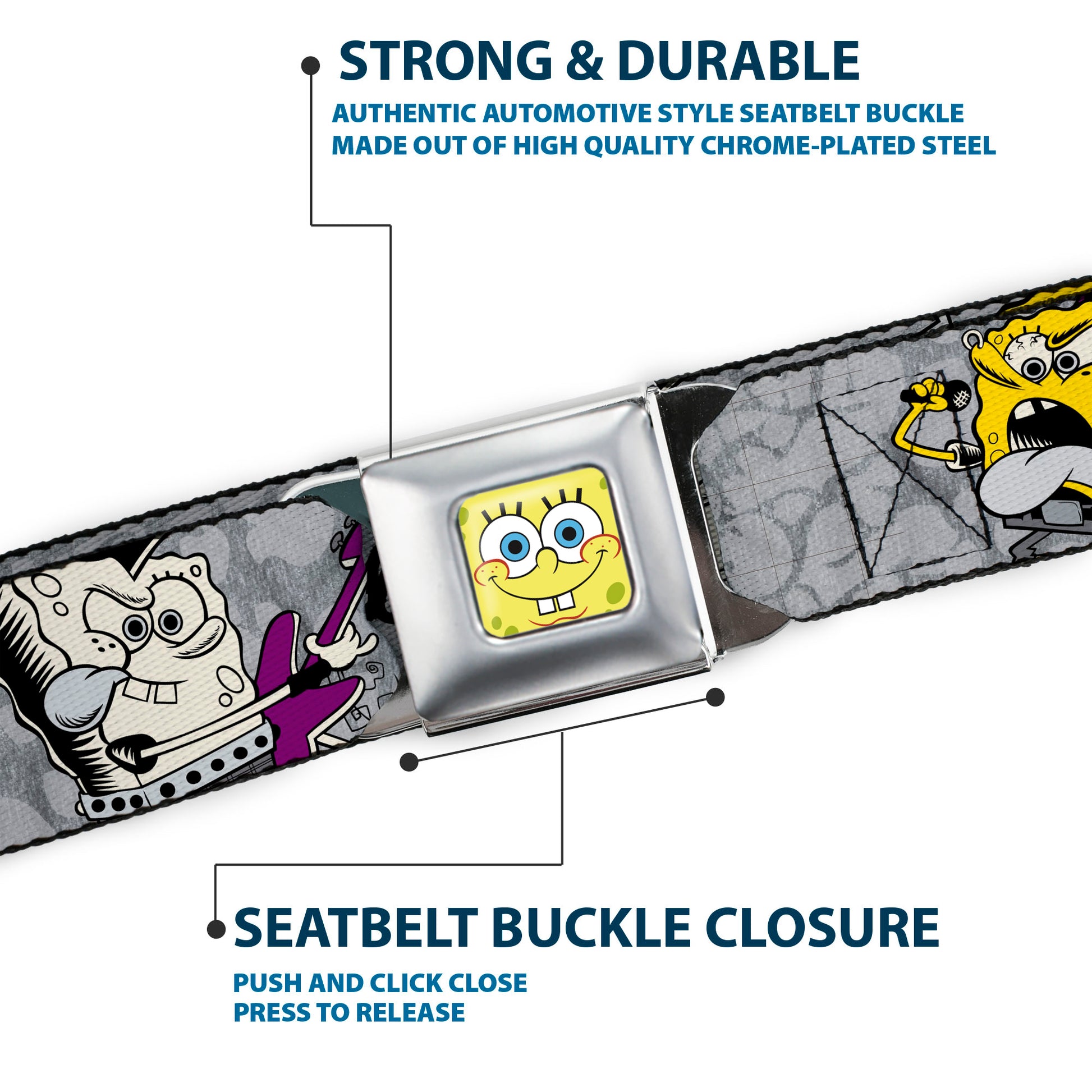 Sponge Bob Face CLOSE-UP Full Color Seatbelt Belt - SpongeBob 3-Poses SPONGEITUDE Grays/Black Webbing Seatbelt Belts SpongeBob SquarePants
