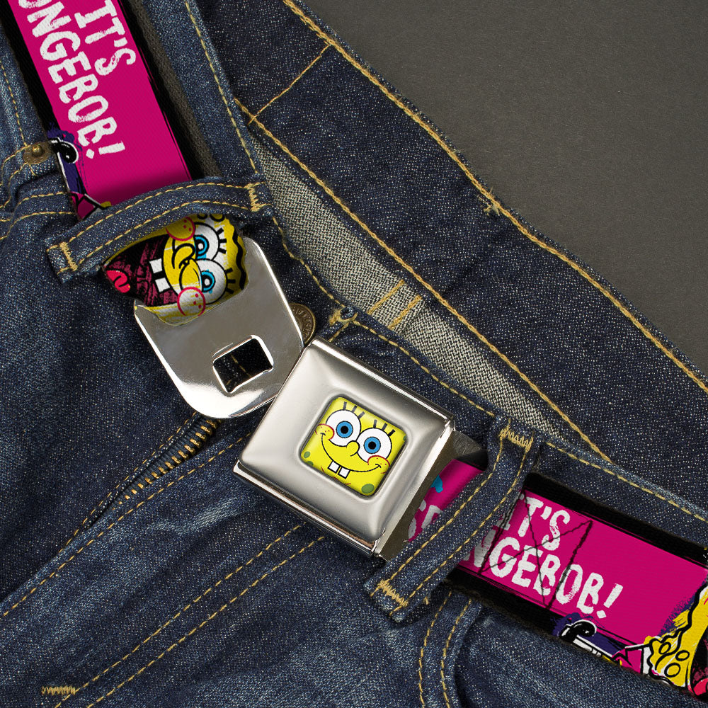 Sponge Bob Face CLOSE-UP Full Color Seatbelt Belt - SpongeBob Pose IT'S SPONGEBOB! Stripe Black/Pink/Blue/White Webbing Seatbelt Belts SpongeBob SquarePants