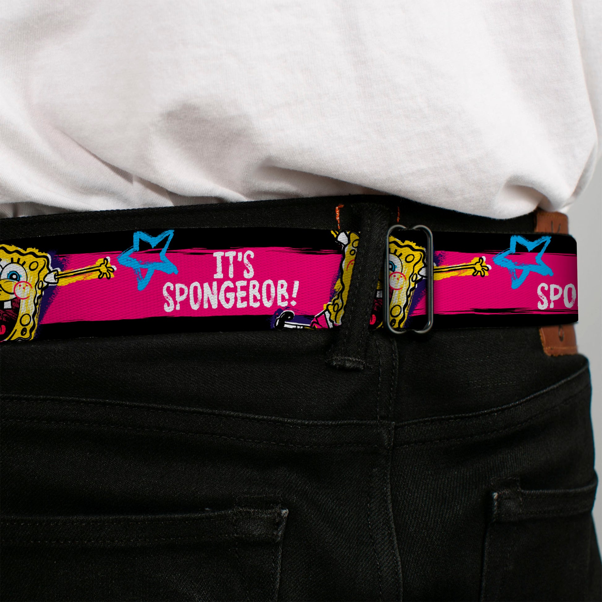 Sponge Bob Face CLOSE-UP Full Color Seatbelt Belt - SpongeBob Pose IT'S SPONGEBOB! Stripe Black/Pink/Blue/White Webbing Seatbelt Belts SpongeBob SquarePants
