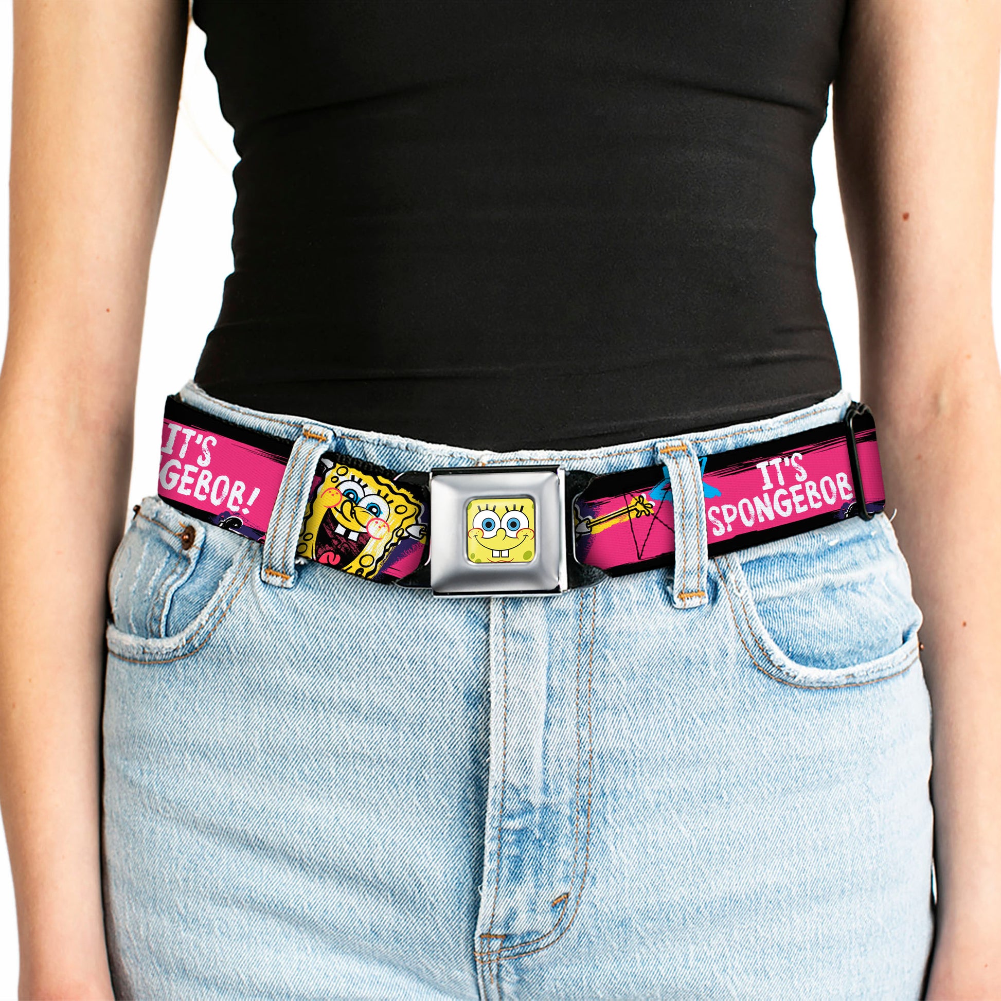 Sponge Bob Face CLOSE-UP Full Color Seatbelt Belt - SpongeBob Pose IT'S SPONGEBOB! Stripe Black/Pink/Blue/White Webbing Seatbelt Belts SpongeBob SquarePants