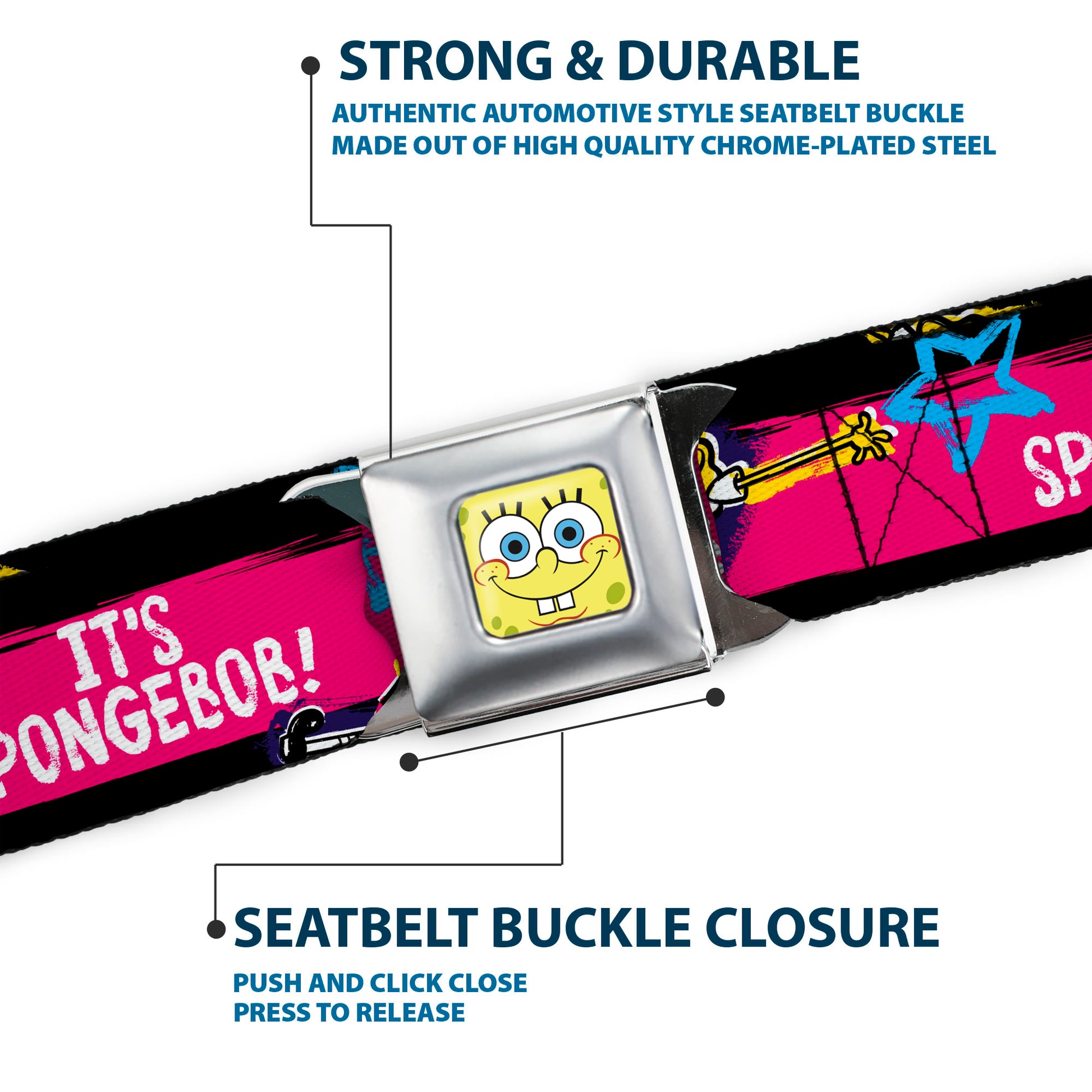 Sponge Bob Face CLOSE-UP Full Color Seatbelt Belt - SpongeBob Pose IT'S SPONGEBOB! Stripe Black/Pink/Blue/White Webbing Seatbelt Belts SpongeBob SquarePants