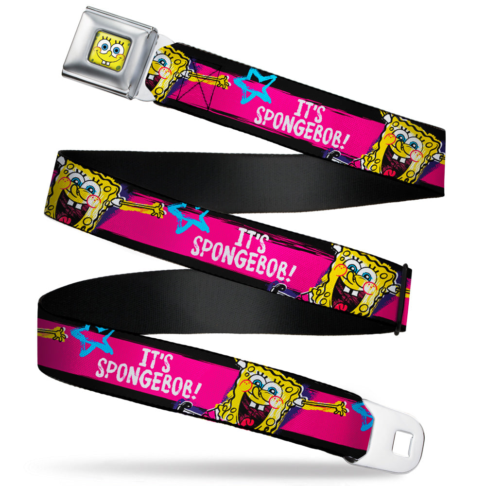 Sponge Bob Face CLOSE-UP Full Color Seatbelt Belt - SpongeBob Pose IT'S SPONGEBOB! Stripe Black/Pink/Blue/White Webbing Seatbelt Belts SpongeBob SquarePants