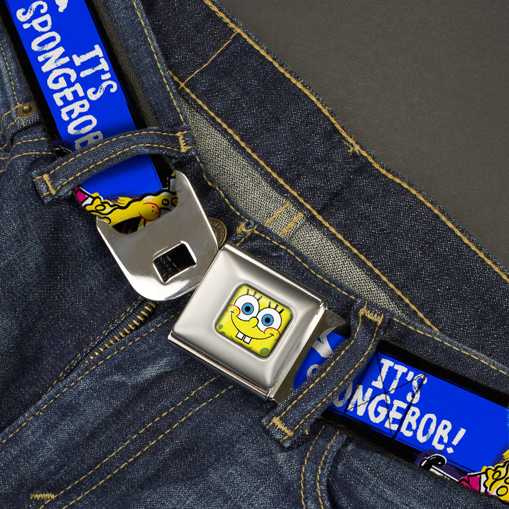 Sponge Bob Face CLOSE-UP Full Color Seatbelt Belt - SpongeBob Pose IT'S SPONGEBOB! Stripe Black/Blue/White Webbing Seatbelt Belts SpongeBob SquarePants