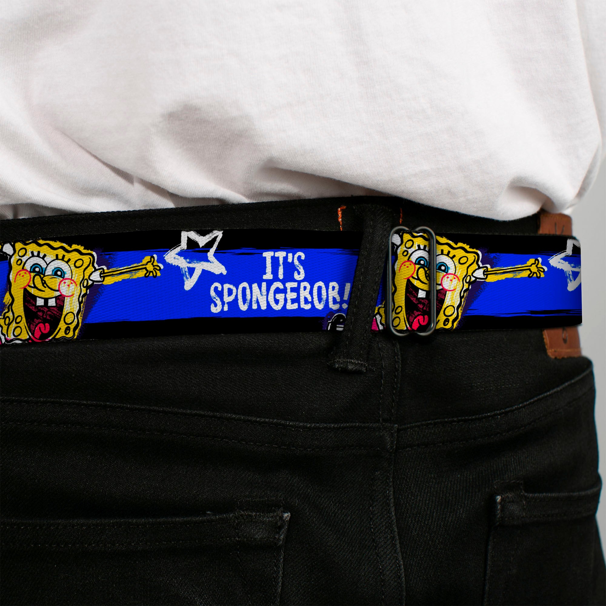 Sponge Bob Face CLOSE-UP Full Color Seatbelt Belt - SpongeBob Pose IT'S SPONGEBOB! Stripe Black/Blue/White Webbing Seatbelt Belts SpongeBob SquarePants
