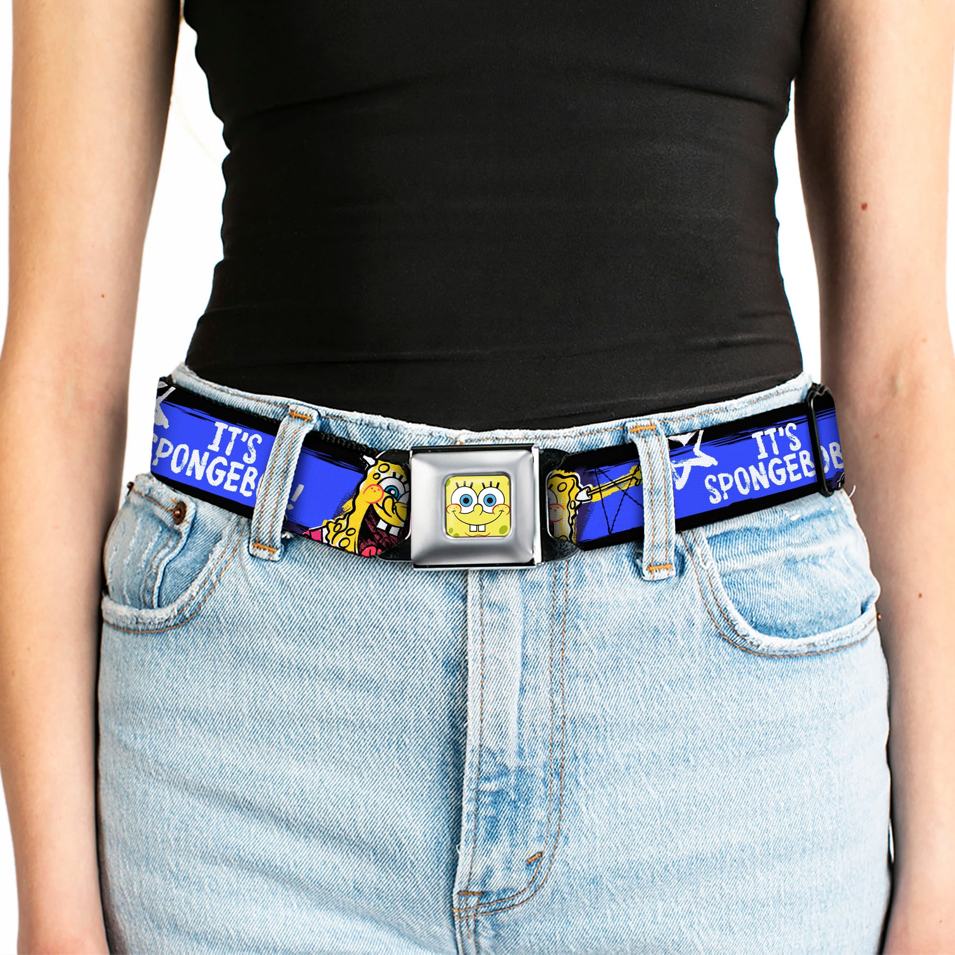Sponge Bob Face CLOSE-UP Full Color Seatbelt Belt - SpongeBob Pose IT'S SPONGEBOB! Stripe Black/Blue/White Webbing Seatbelt Belts SpongeBob SquarePants