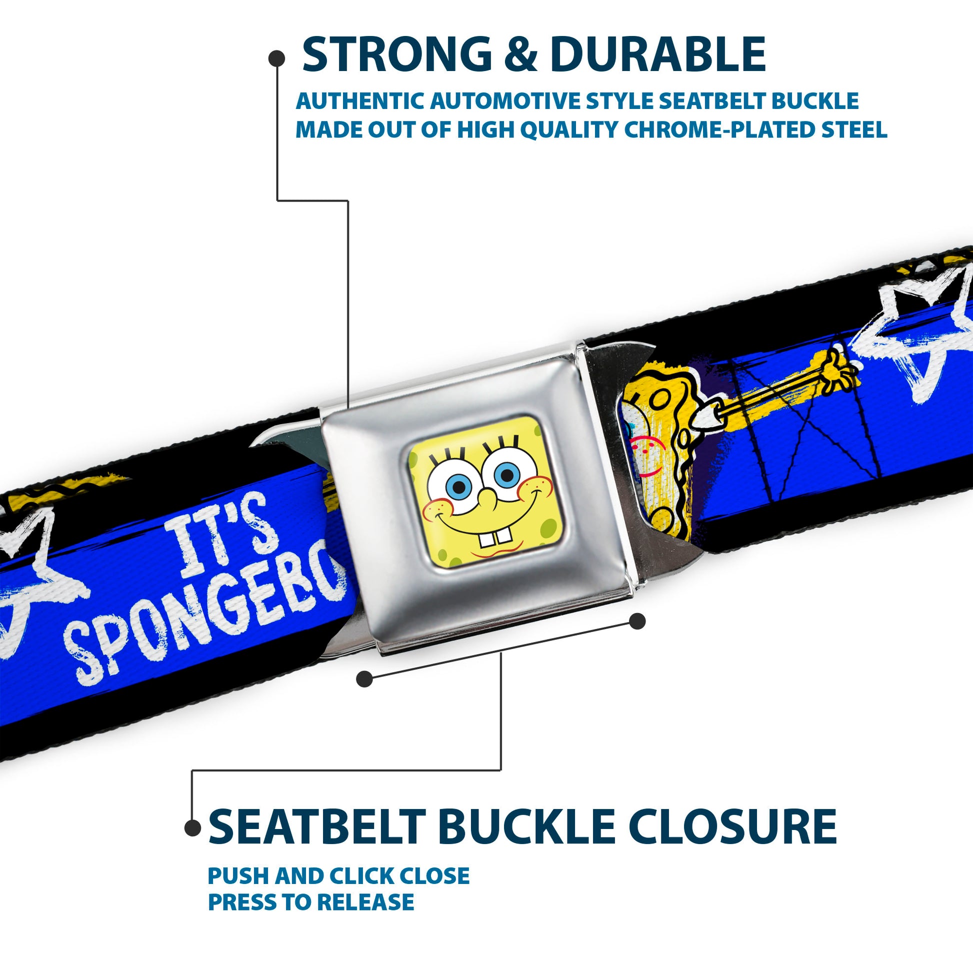 Sponge Bob Face CLOSE-UP Full Color Seatbelt Belt - SpongeBob Pose IT'S SPONGEBOB! Stripe Black/Blue/White Webbing Seatbelt Belts SpongeBob SquarePants