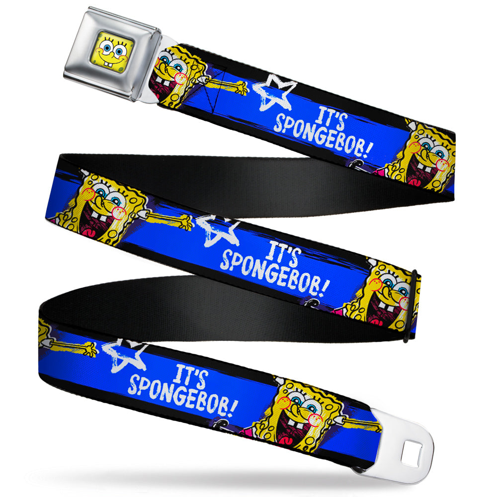 Sponge Bob Face CLOSE-UP Full Color Seatbelt Belt - SpongeBob Pose IT'S SPONGEBOB! Stripe Black/Blue/White Webbing Seatbelt Belts SpongeBob SquarePants