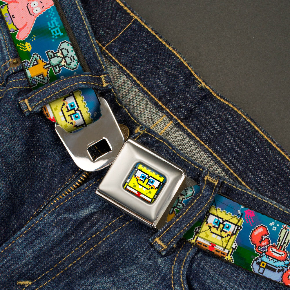 Pixelated SpongeBob Nerd Pose Full Color Blue Seatbelt Belt - SpongeBob & Friends 8-Bit Scene Webbing Seatbelt Belts SpongeBob SquarePants