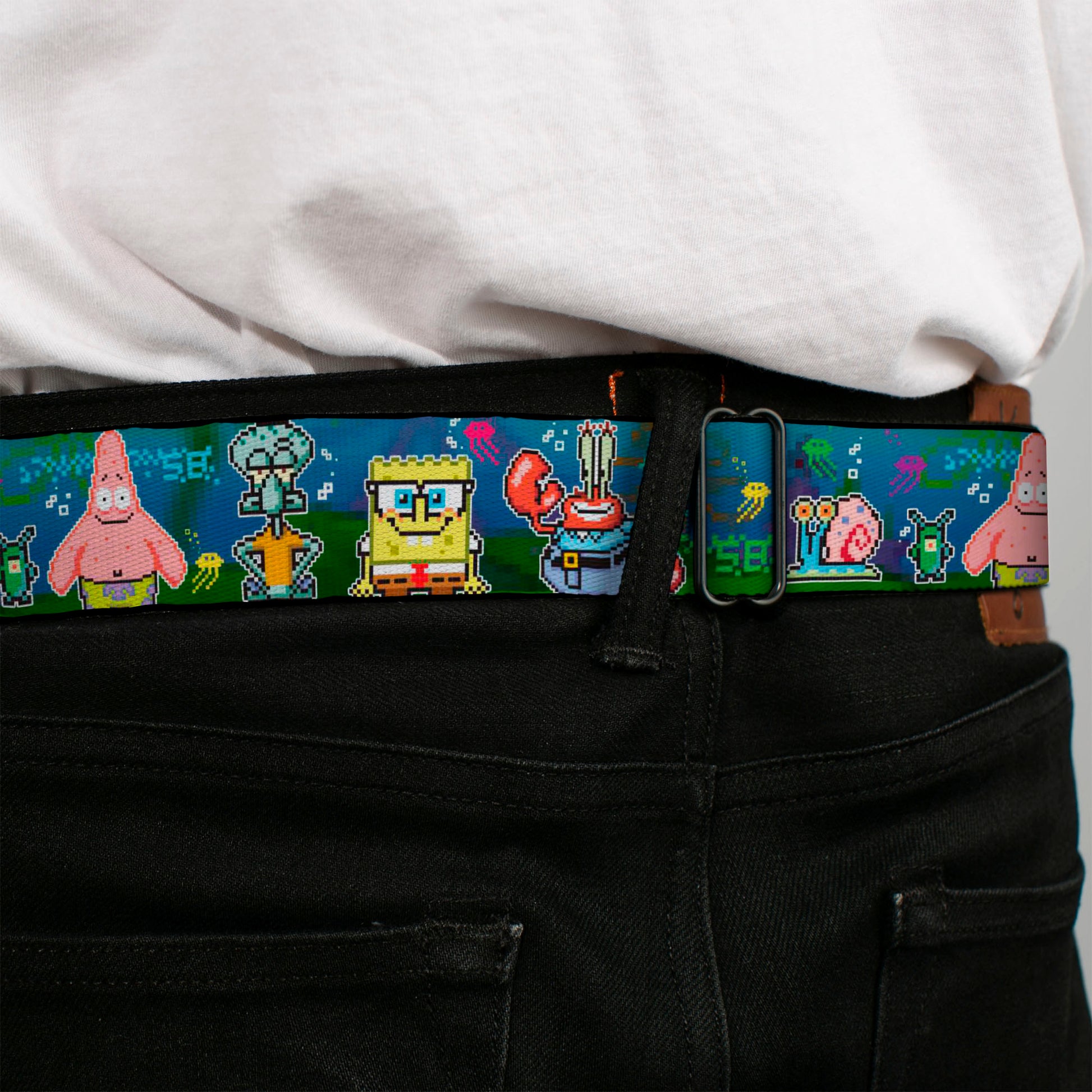 Pixelated SpongeBob Nerd Pose Full Color Blue Seatbelt Belt - SpongeBob & Friends 8-Bit Scene Webbing Seatbelt Belts SpongeBob SquarePants