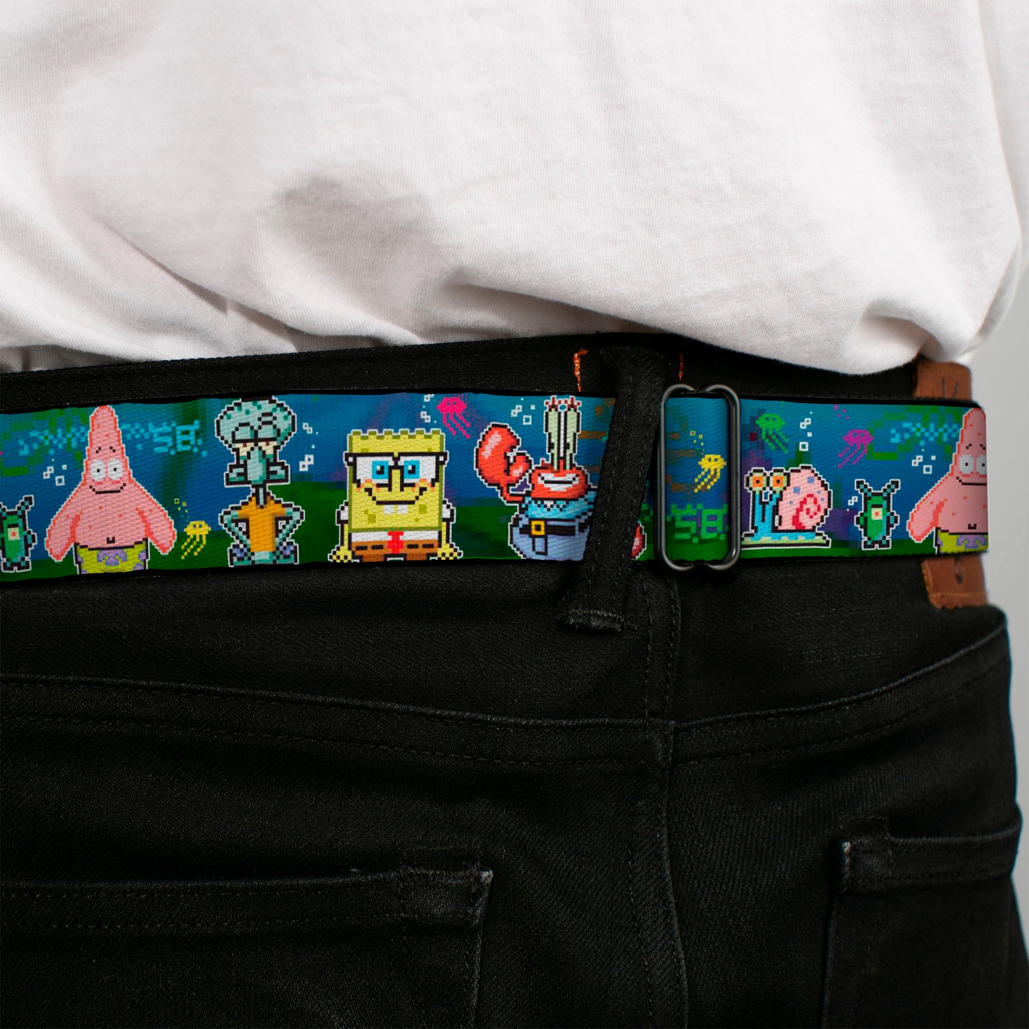 Pixelated SpongeBob Nerd Pose Full Color Blue Seatbelt Belt - SpongeBob & Friends 8-Bit Scene Webbing Seatbelt Belts SpongeBob SquarePants
