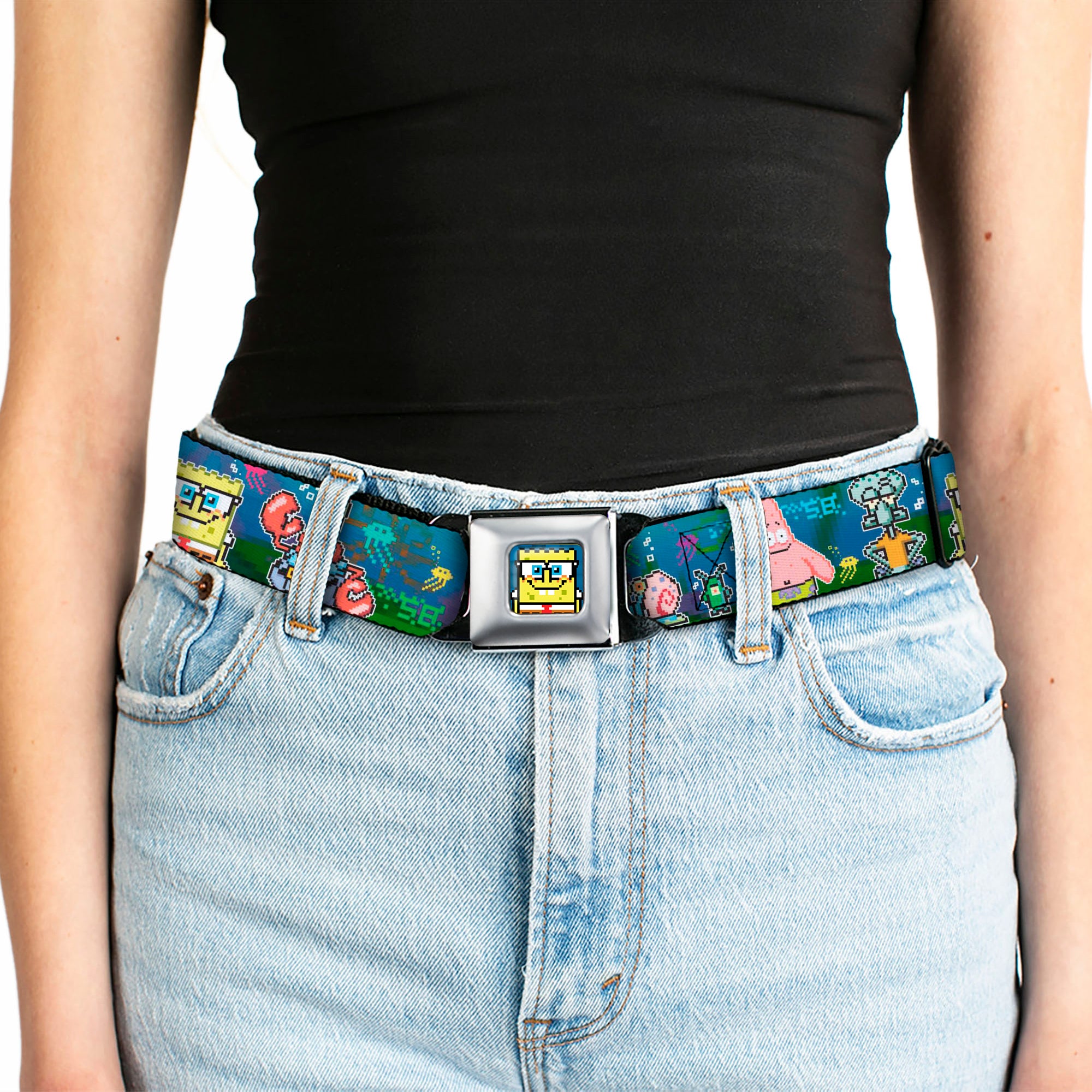 Pixelated SpongeBob Nerd Pose Full Color Blue Seatbelt Belt - SpongeBob & Friends 8-Bit Scene Webbing Seatbelt Belts SpongeBob SquarePants